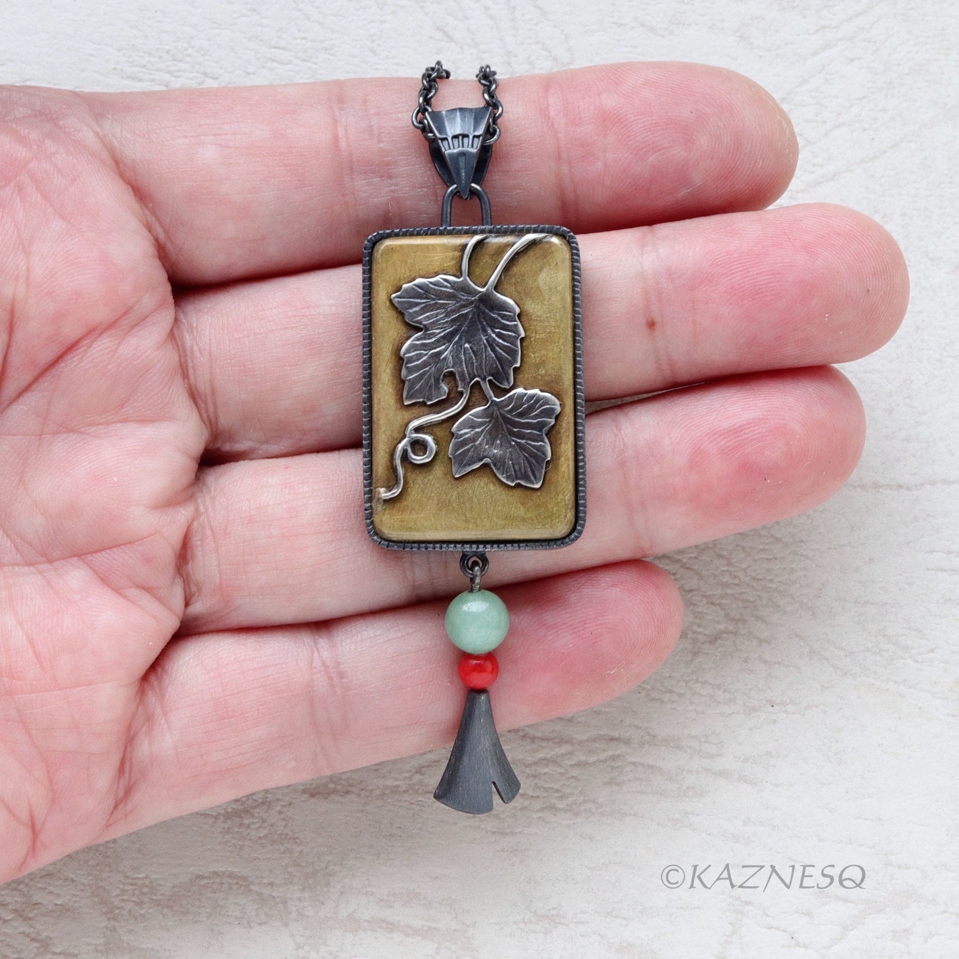 Wabi-Sabi Leaf Pendant: Oxidized Silver and toned brass by Japanese Iroage Patina
