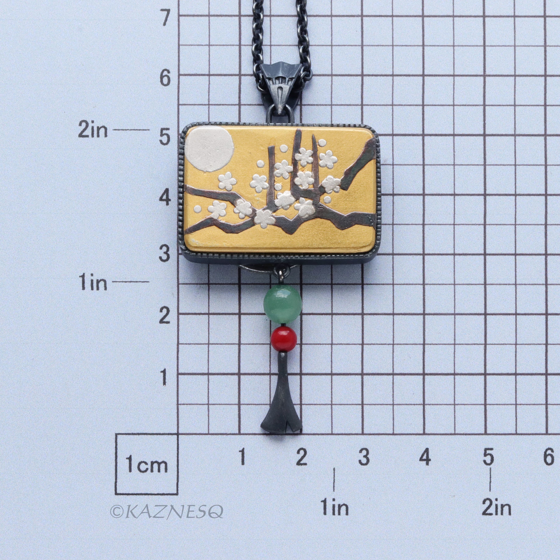 Japanese aesthetic : Gold Keum Boo Plum Blossoms Art Oxidized Silver Pendant