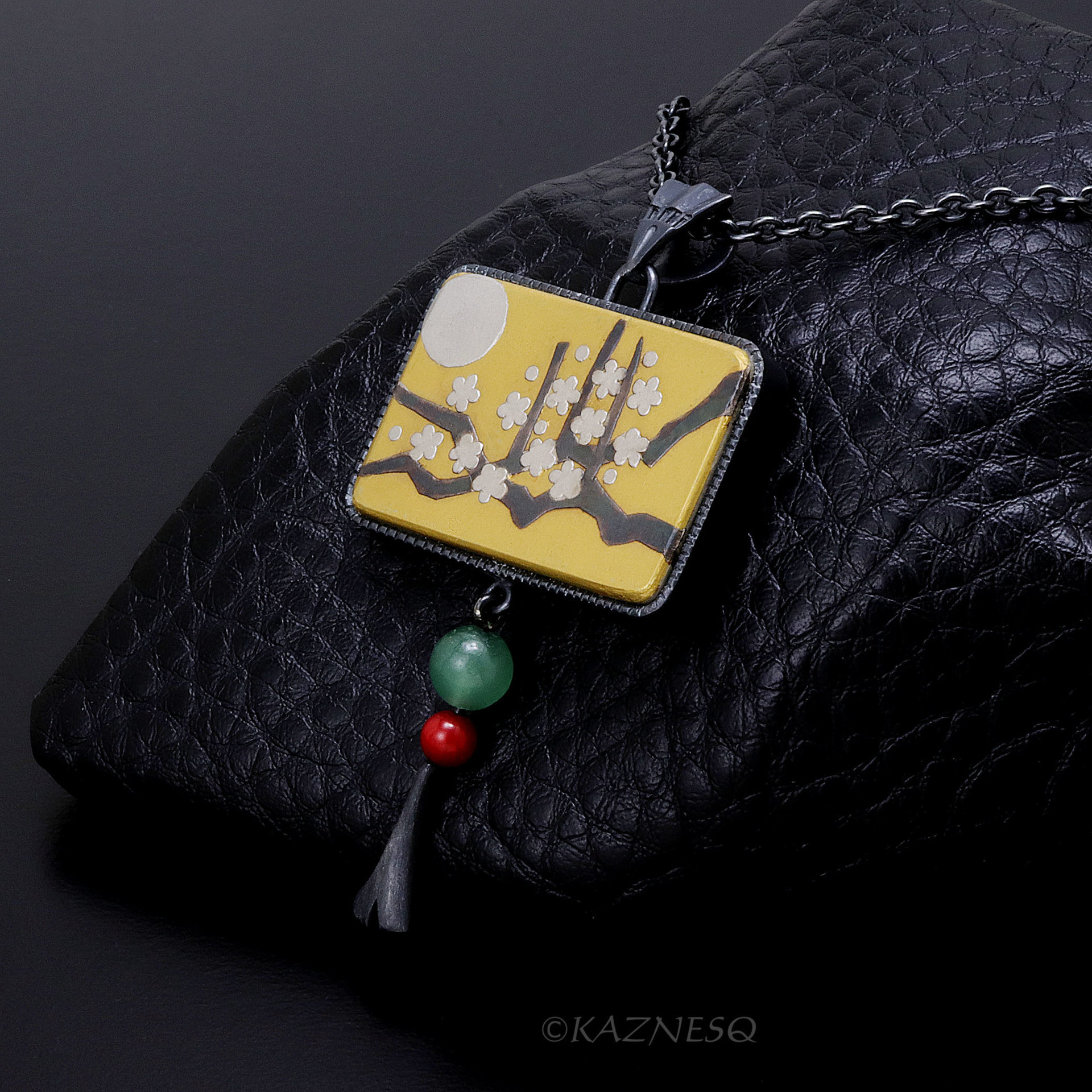Japanese aesthetic : Gold Keum Boo Plum Blossoms Art Oxidized Silver Pendant
