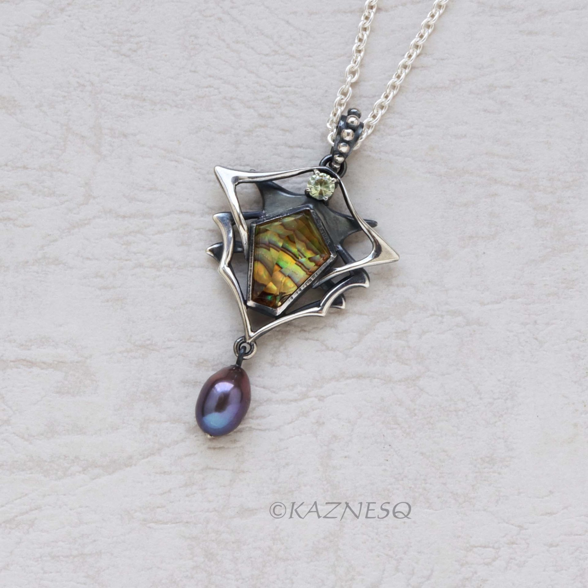 Behold this stone! Citrine with Paua Shell oxidized silver pendant