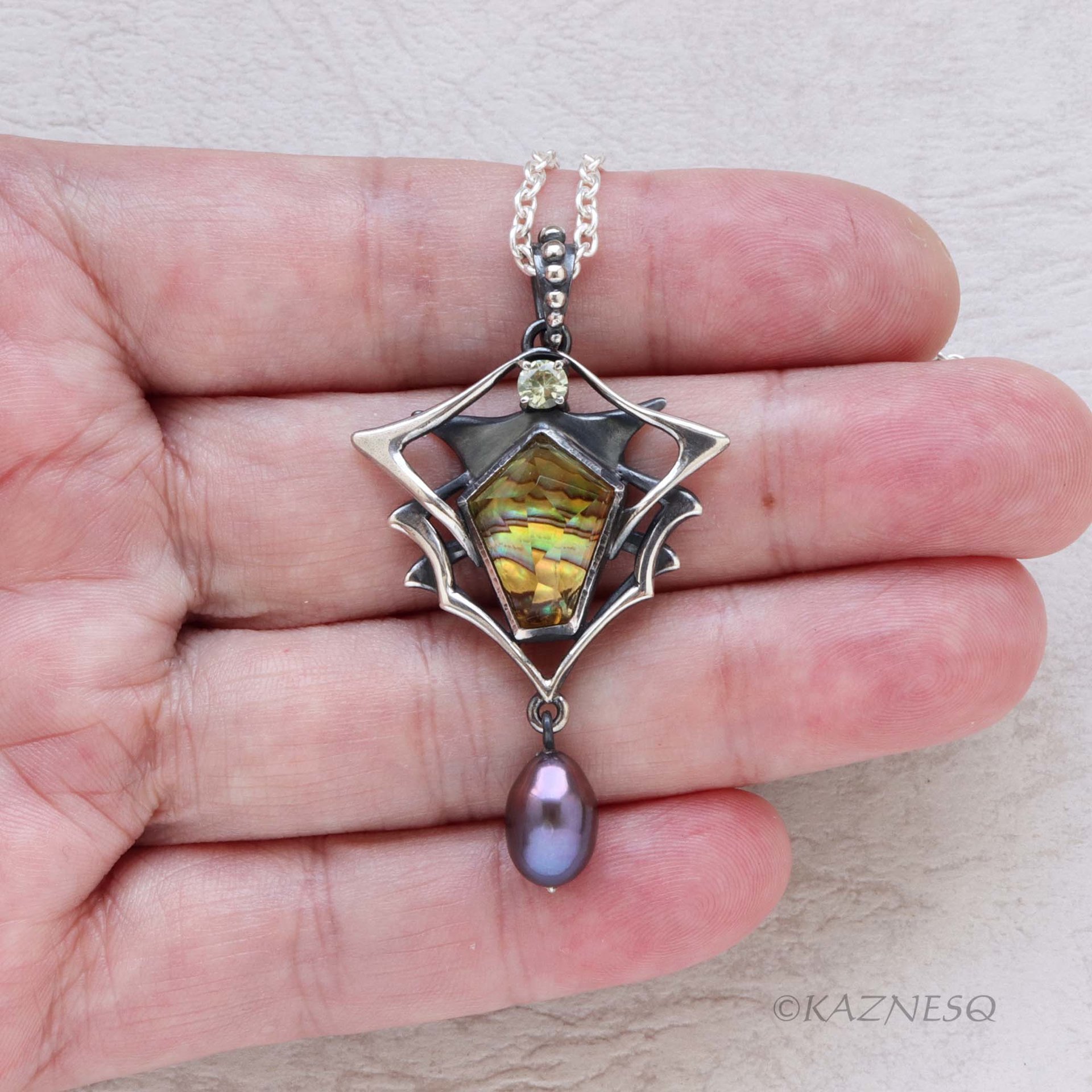 Behold this stone! Citrine with Paua Shell oxidized silver pendant