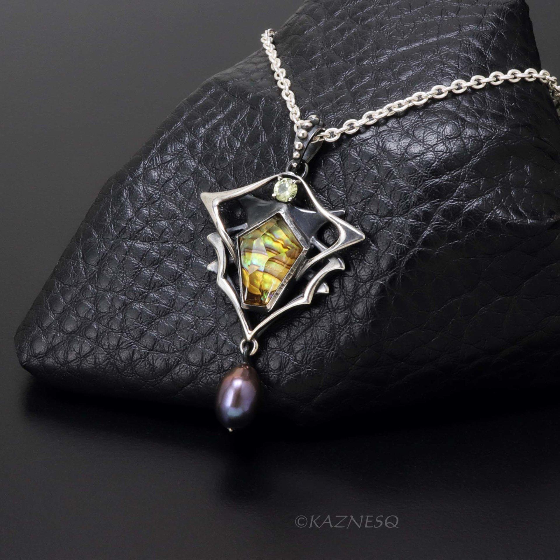 Behold this stone! Citrine with Paua Shell oxidized silver pendant