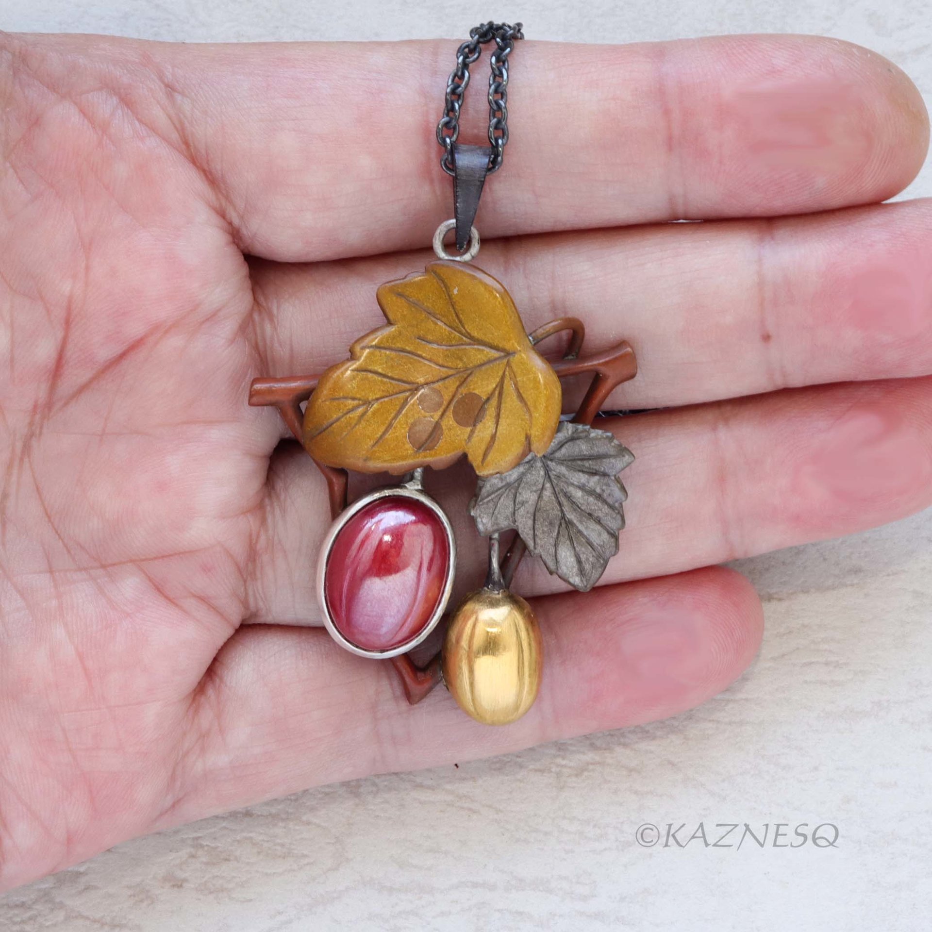 Traditional Japanese Techniques Hido and Iroage showcase Autumn Leaves and Fruit Necklace - Copper, Brass, and Shibuichi