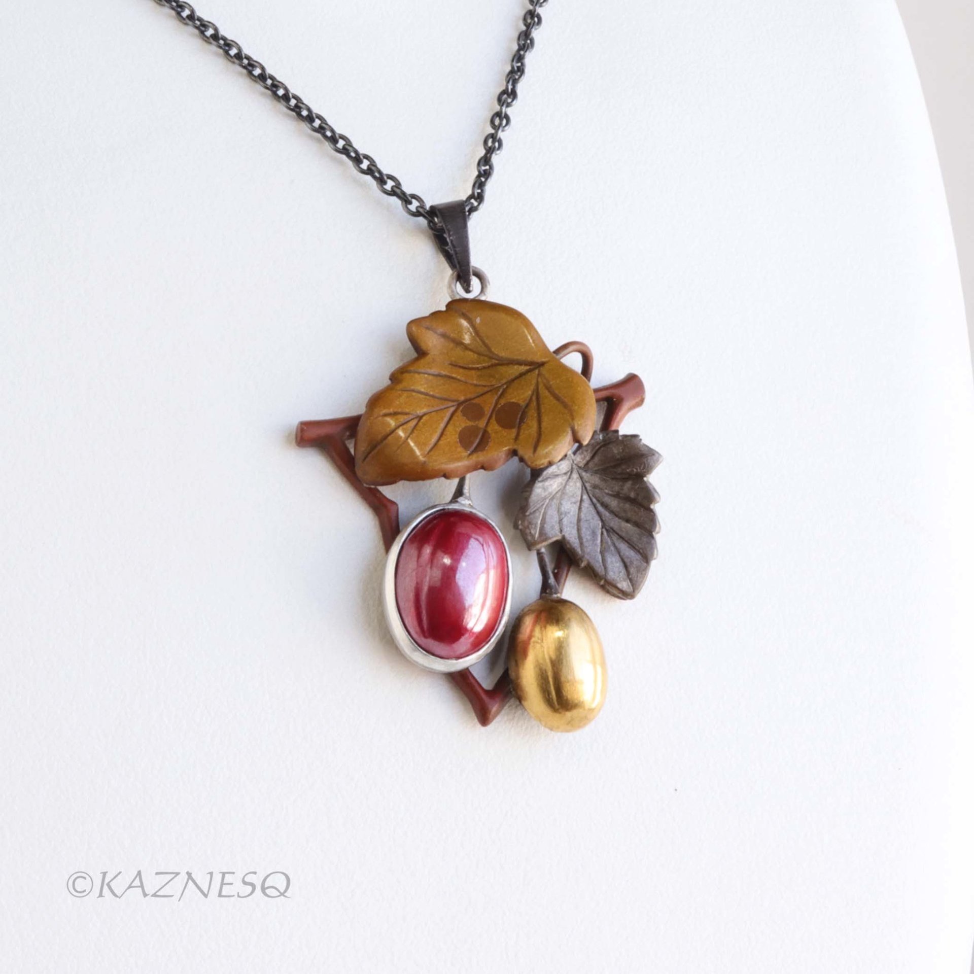 Traditional Japanese Techniques Hido and Iroage showcase Autumn Leaves and Fruit Necklace - Copper, Brass, and Shibuichi