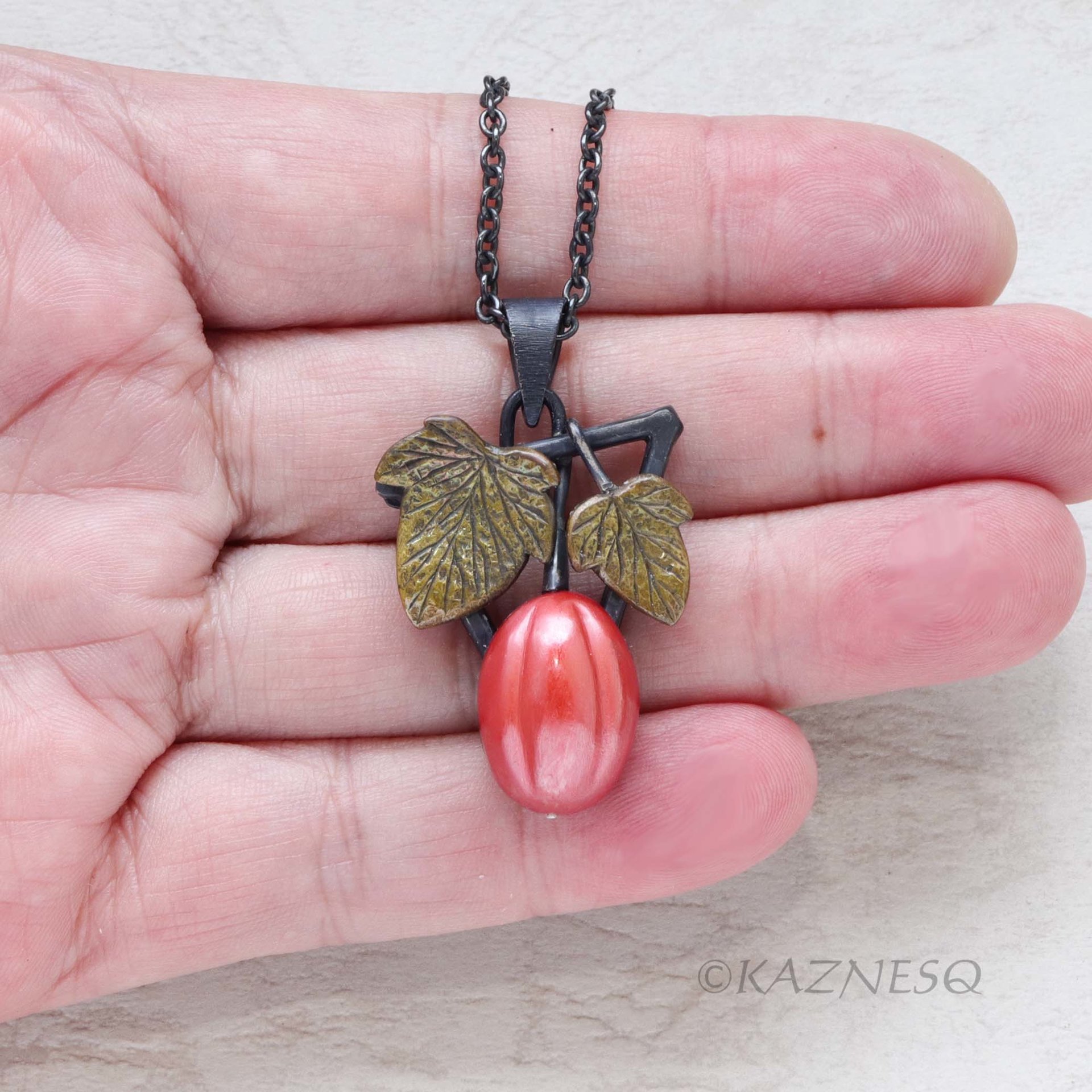 Art Piece! Japanese Patina Red Fruit Pendant - Hido Copper & Iroage Brass Art Jewelry