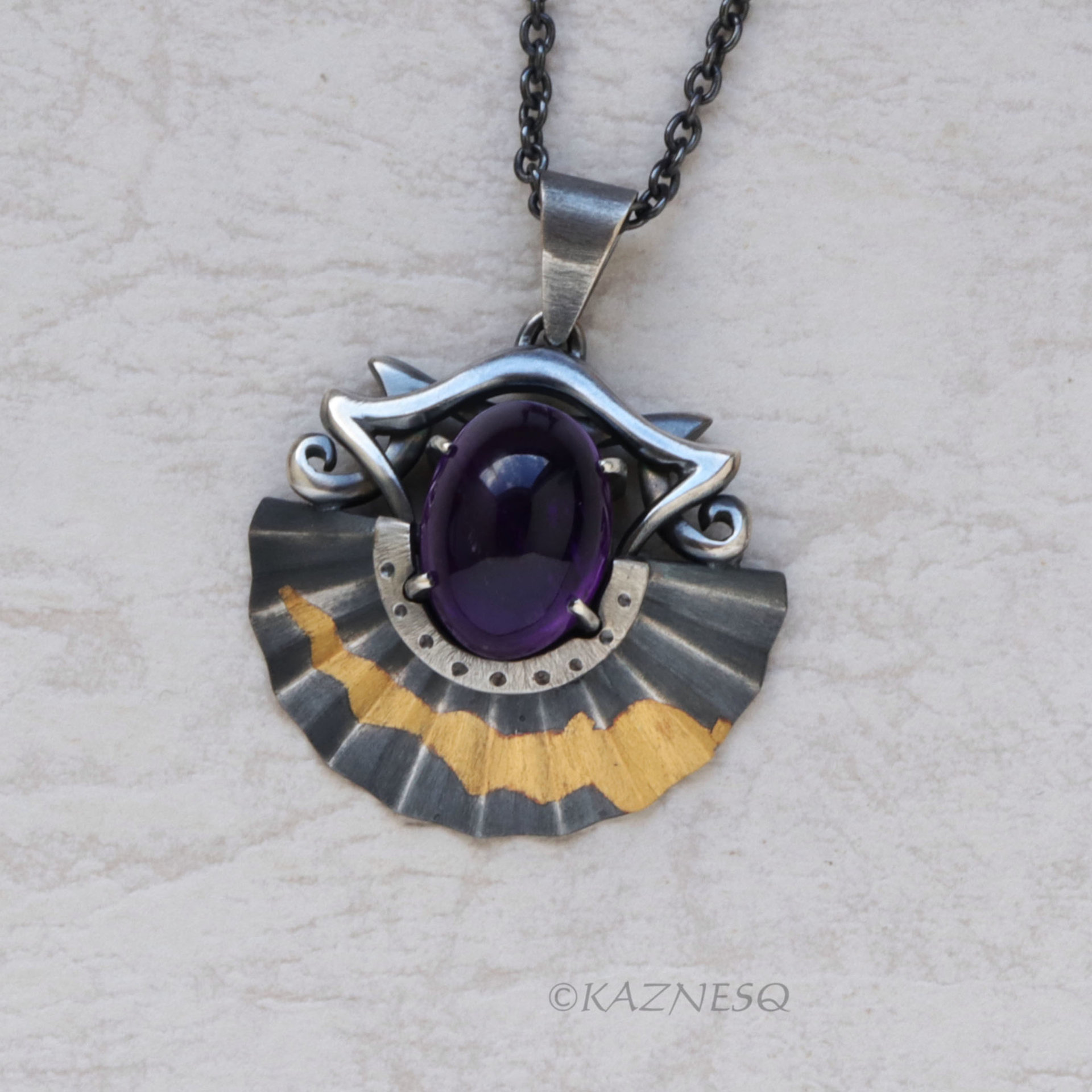 Gold Foil Overlaid oxidized silver Flared Mini Skirt Amethyst pendant Necklace