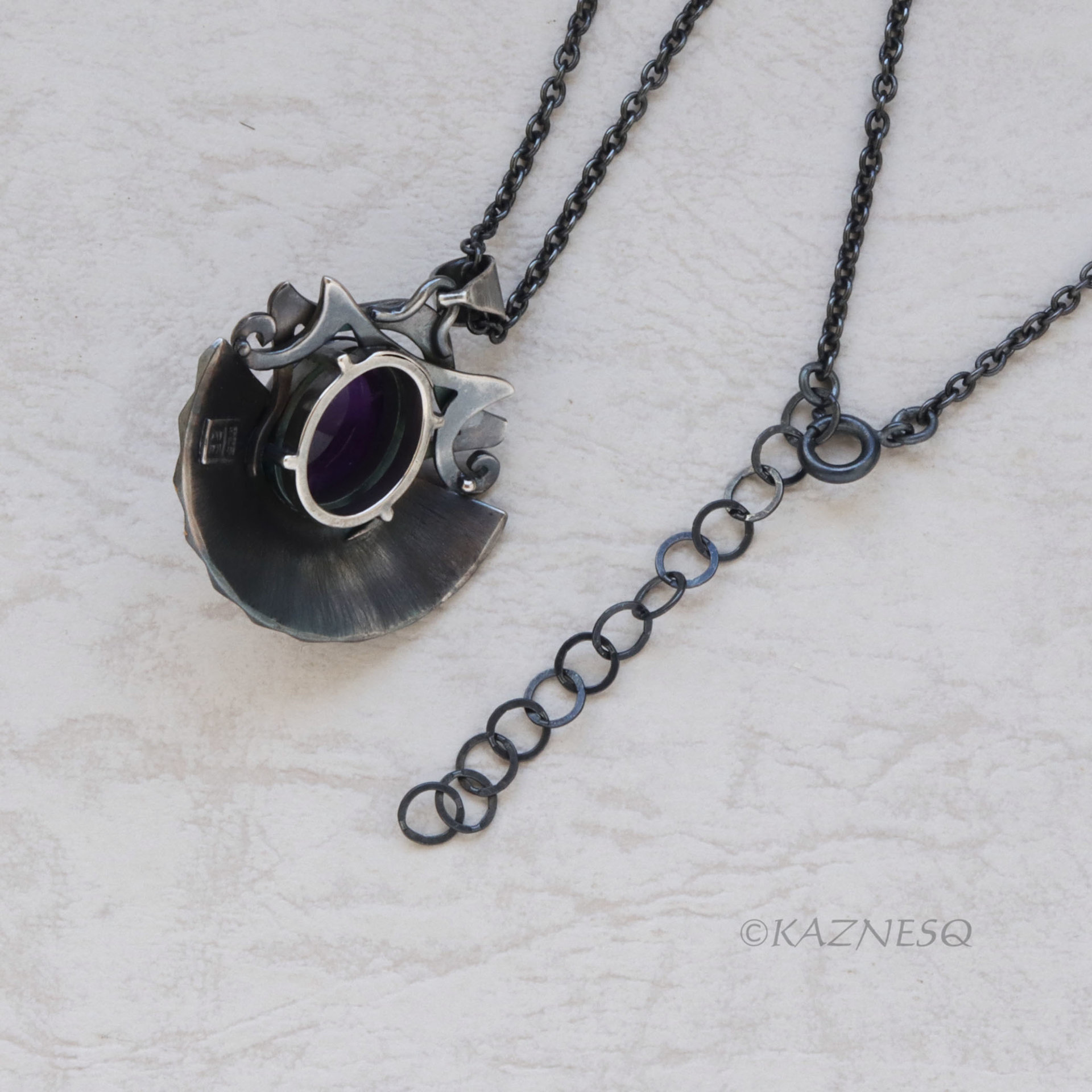 Gold Foil Overlaid oxidized silver Flared Mini Skirt Amethyst pendant Necklace