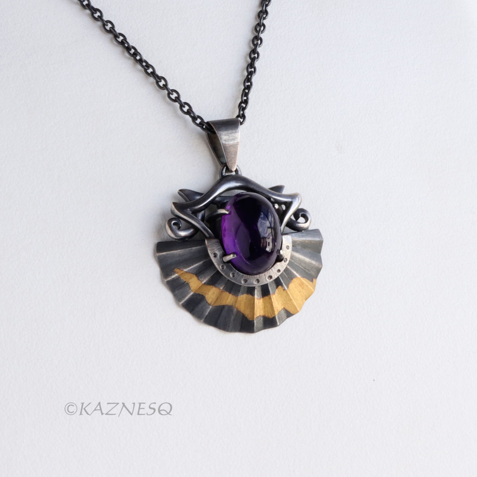 Gold Foil Overlaid oxidized silver Flared Mini Skirt Amethyst pendant Necklace
