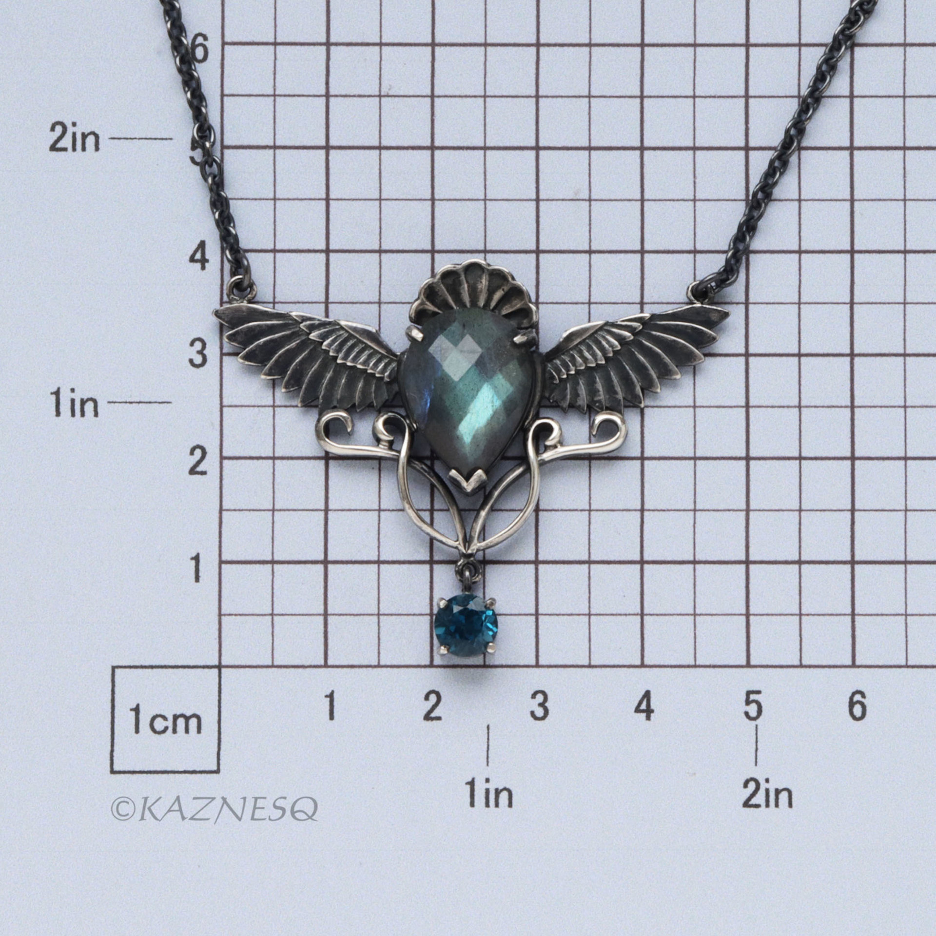 Dance of Green and Blue: Wings design Green Labradorite and London Blue Topaz Oxidized Silver Necklace