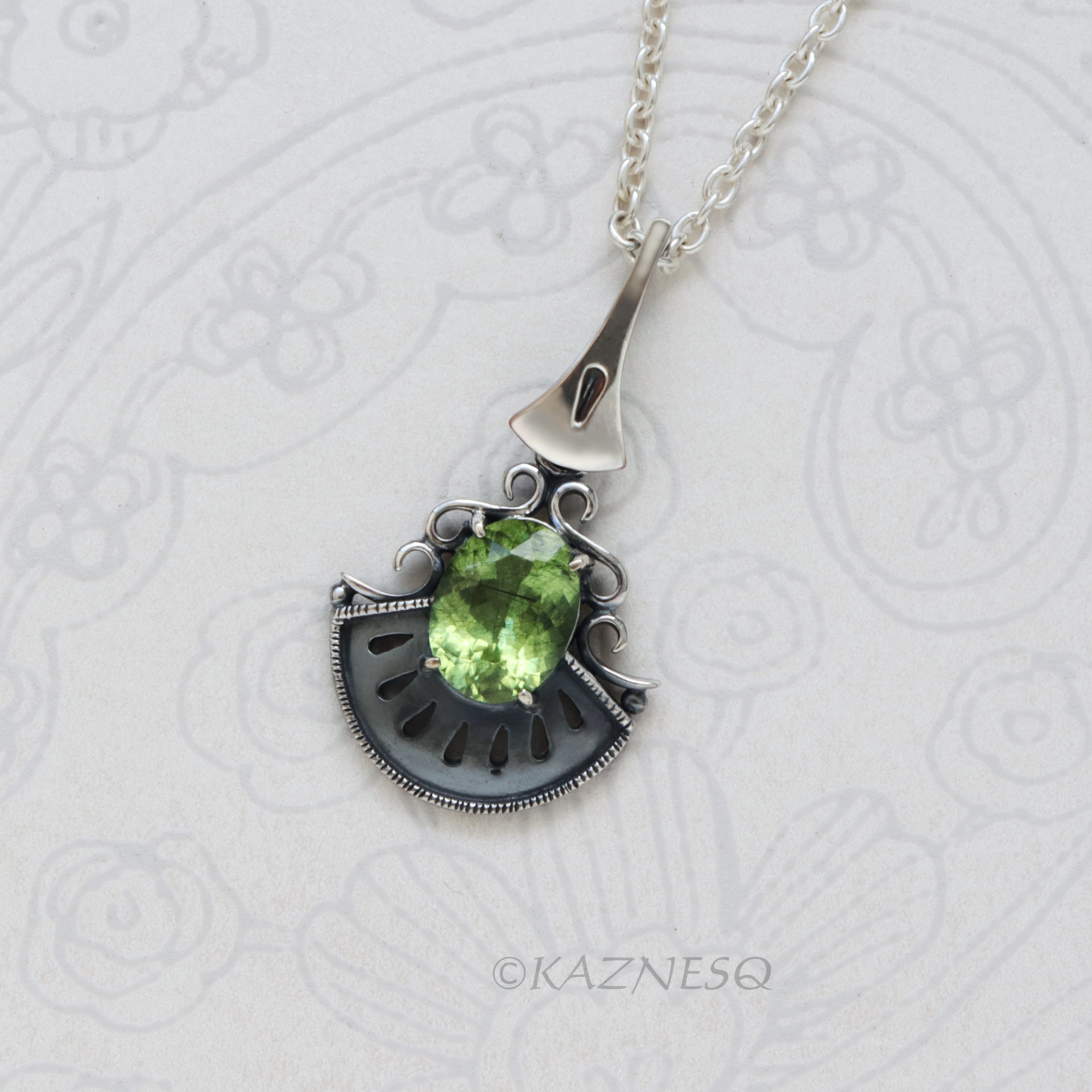 Add Green to your Casual Outfits! : Rutilated Peridot Art Deco inspired Oxidized Silver Pendant Necklace
