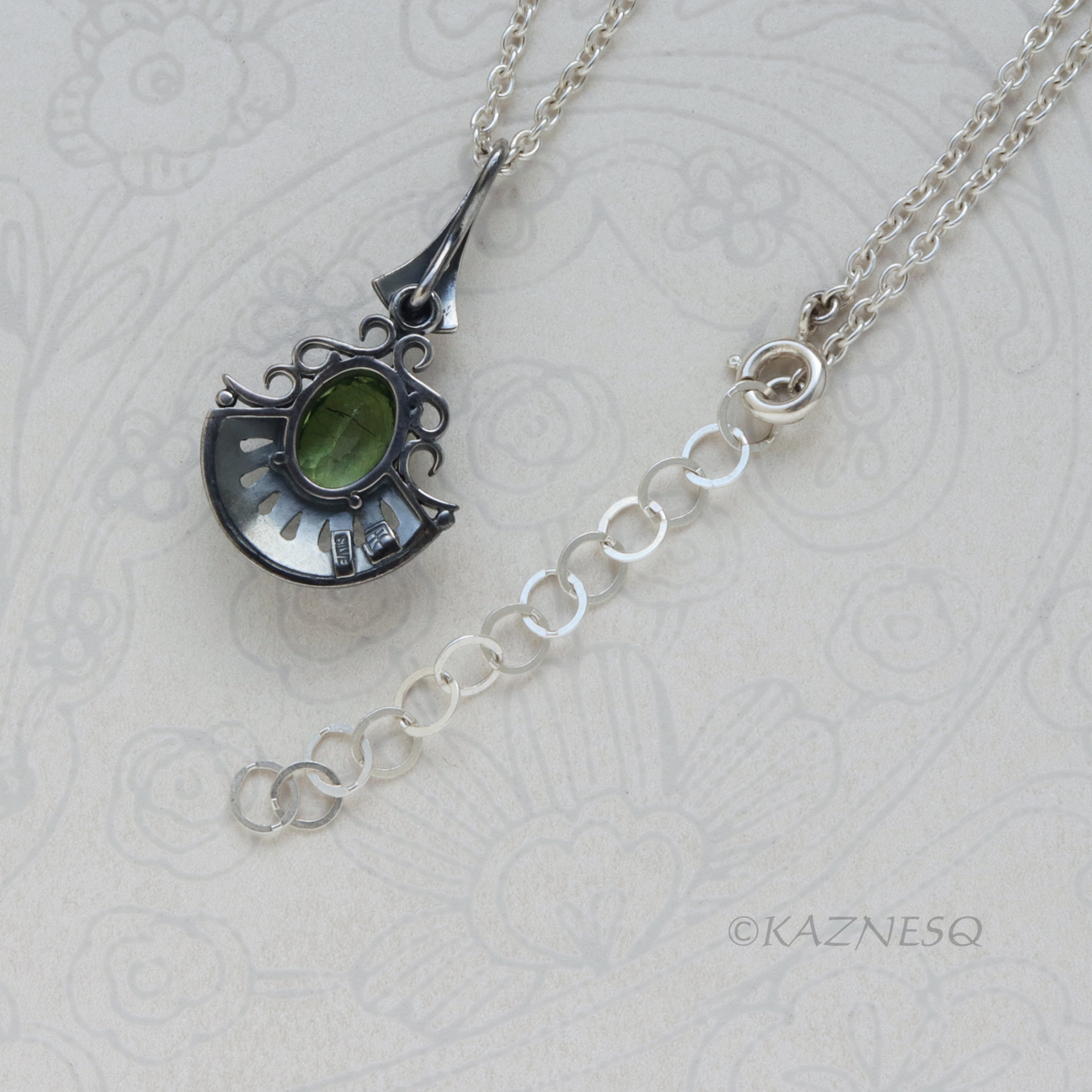 Add Green to your Casual Outfits! : Rutilated Peridot Art Deco inspired Oxidized Silver Pendant Necklace