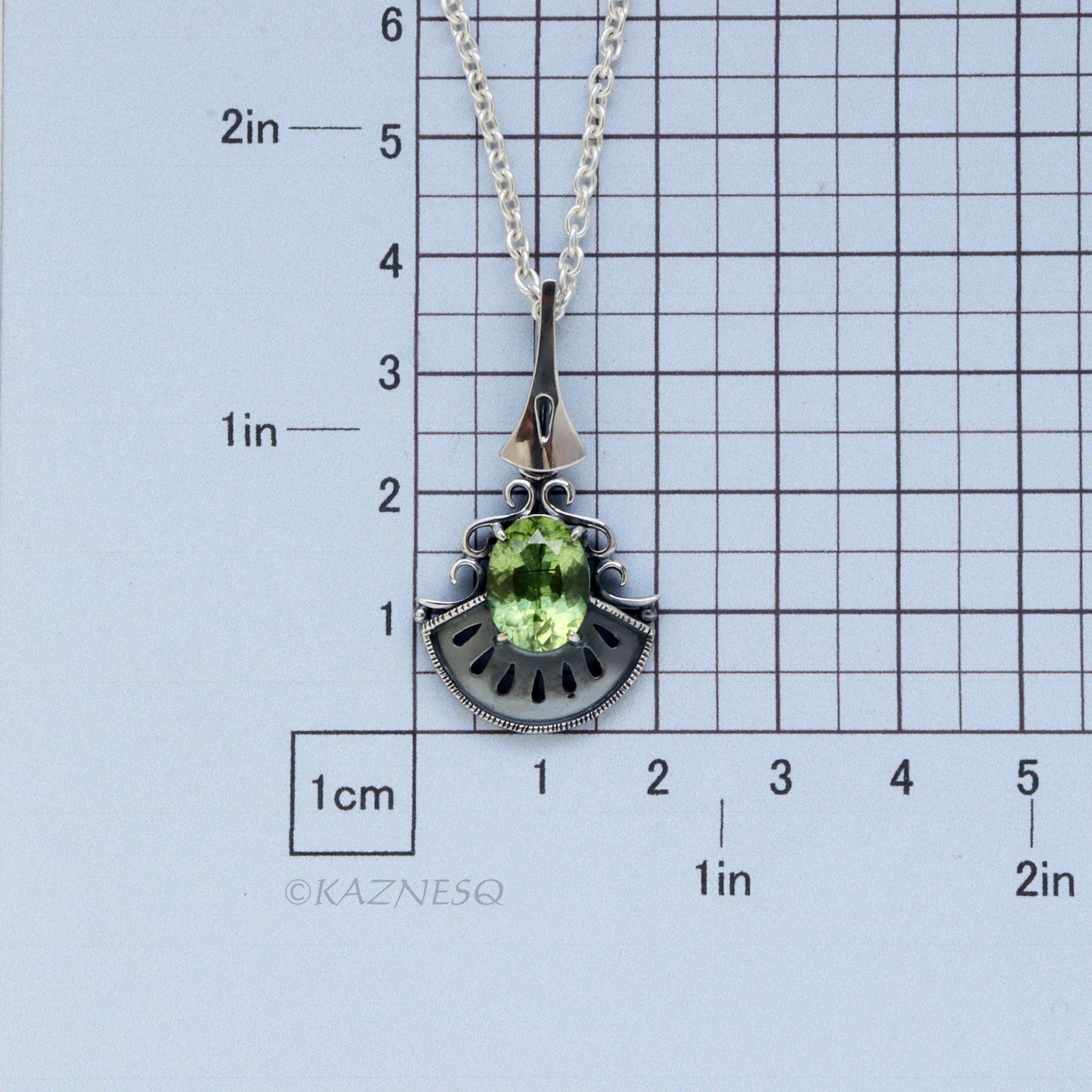 Add Green to your Casual Outfits! : Rutilated Peridot Art Deco inspired Oxidized Silver Pendant Necklace