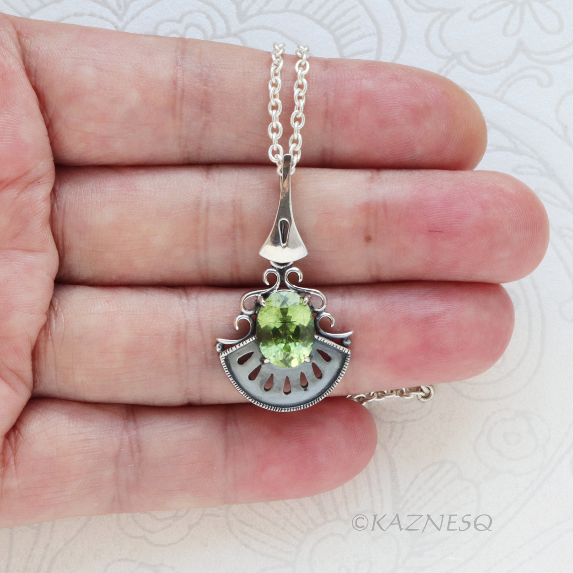 Add Green to your Casual Outfits! : Rutilated Peridot Art Deco inspired Oxidized Silver Pendant Necklace