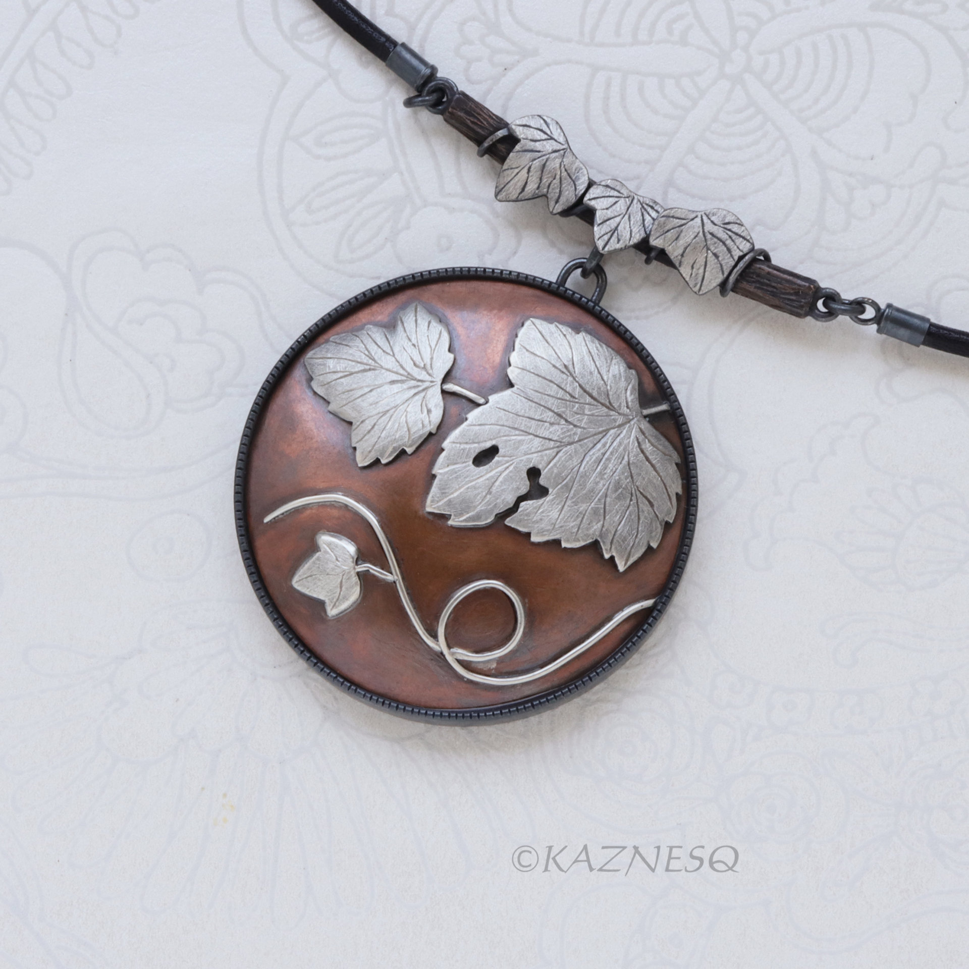 Wabi Sabi, The Philosophical Beauty of Japan, Leaf motif Copper and Oxidized Silver Circle Pendant Necklace