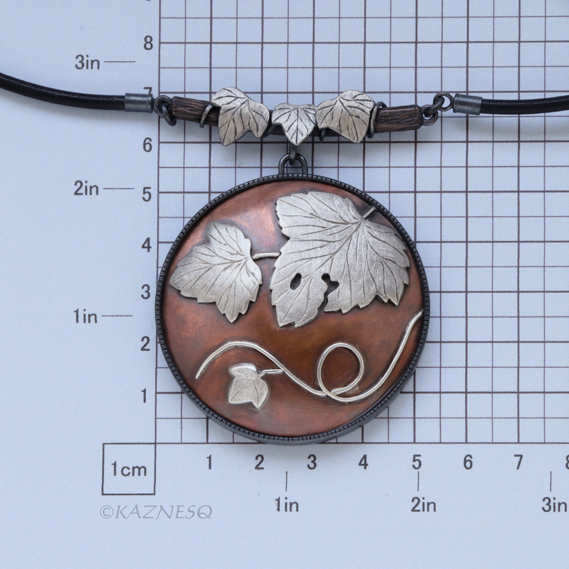 Wabi Sabi, The Philosophical Beauty of Japan, Leaf motif Copper and Oxidized Silver Circle Pendant Necklace
