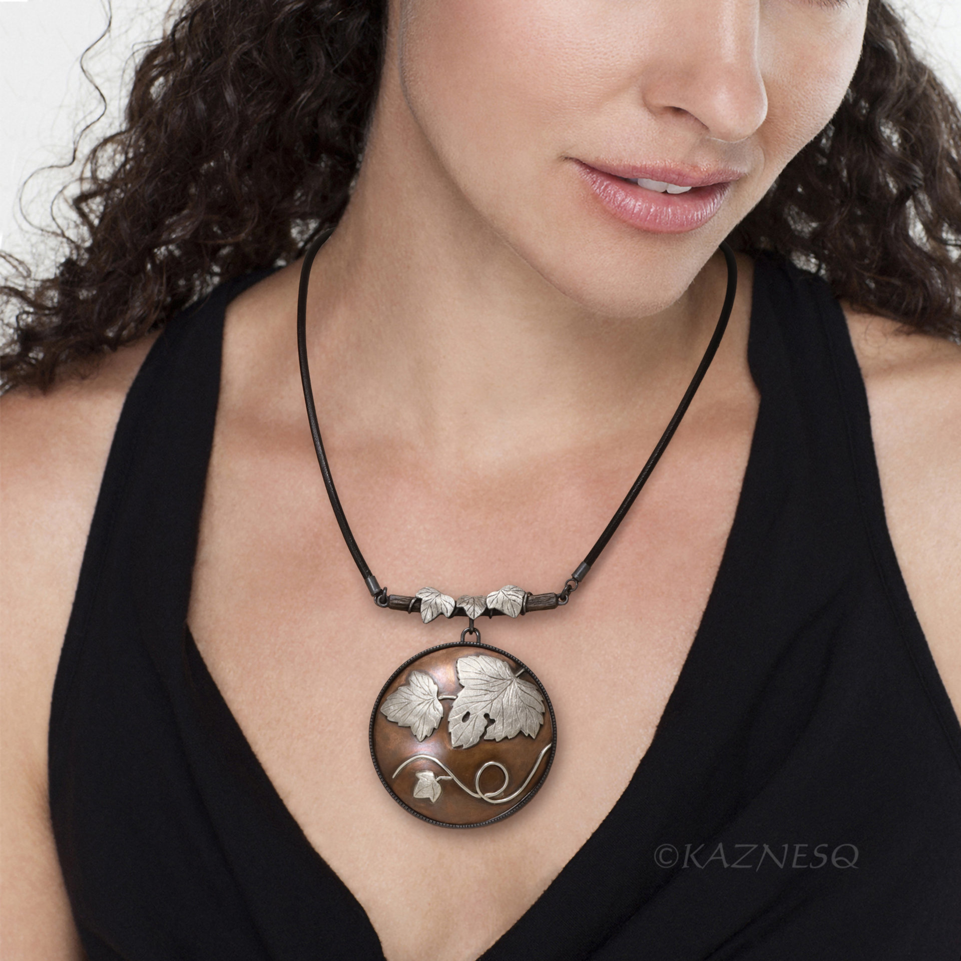 Wabi Sabi, The Philosophical Beauty of Japan, Leaf motif Copper and Oxidized Silver Circle Pendant Necklace