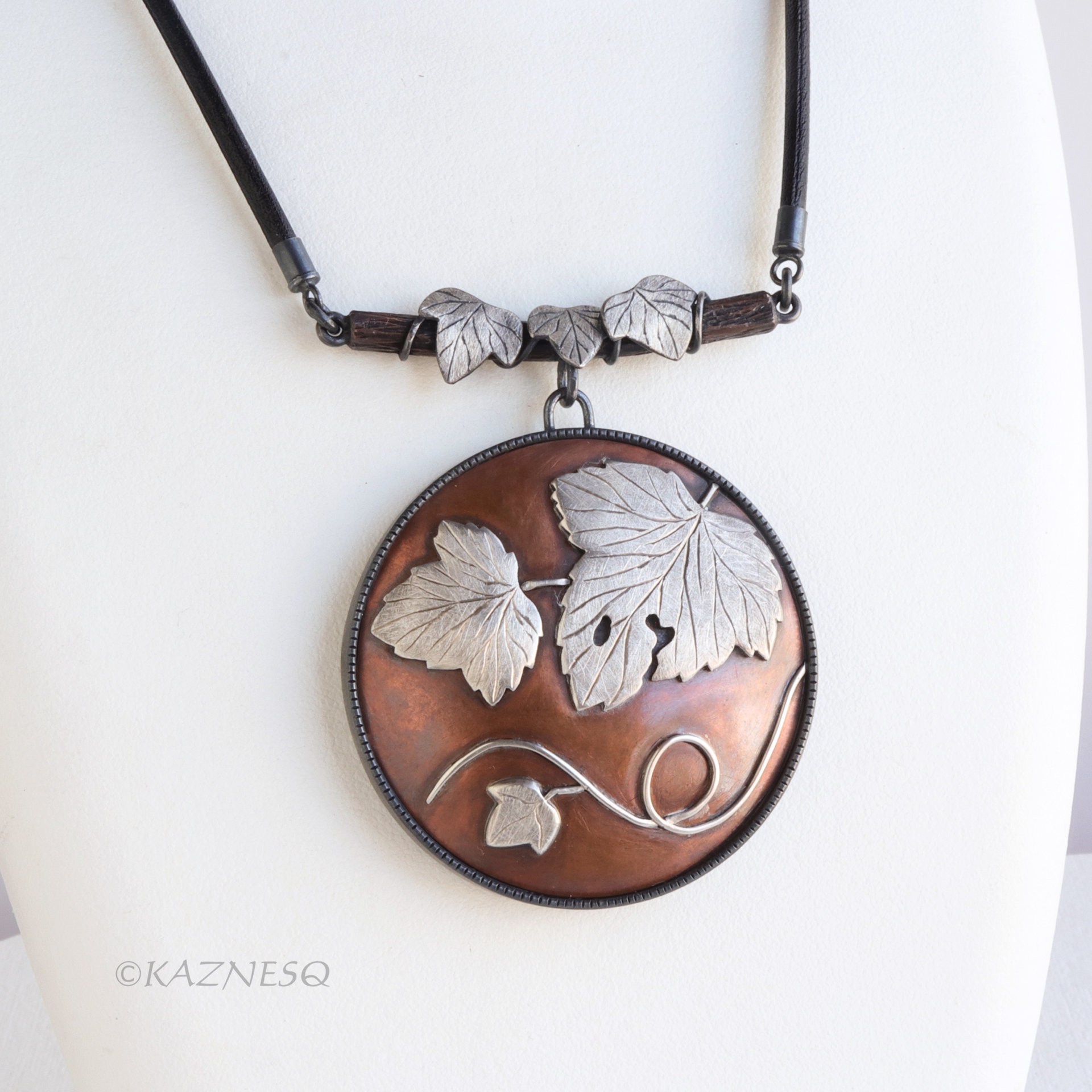 Wabi Sabi, The Philosophical Beauty of Japan, Leaf motif Copper and Oxidized Silver Circle Pendant Necklace
