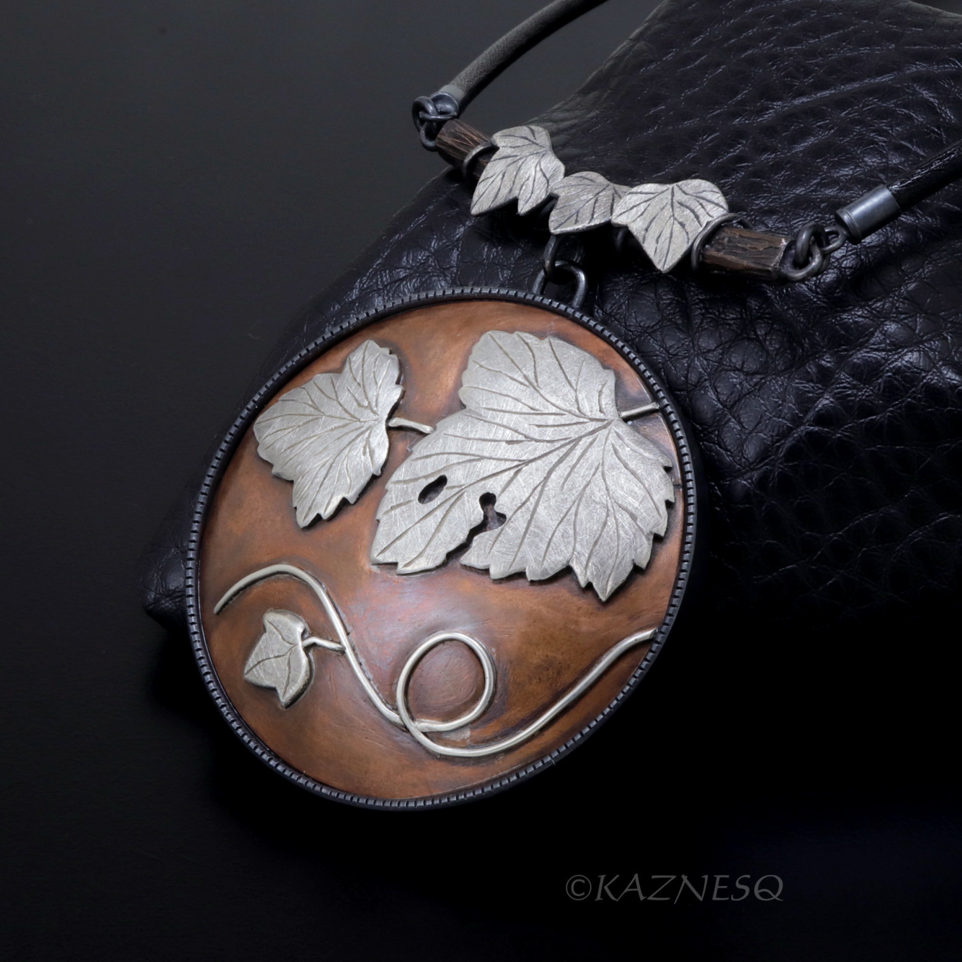Wabi Sabi, The Philosophical Beauty of Japan, Leaf motif Copper and Oxidized Silver Circle Pendant Necklace