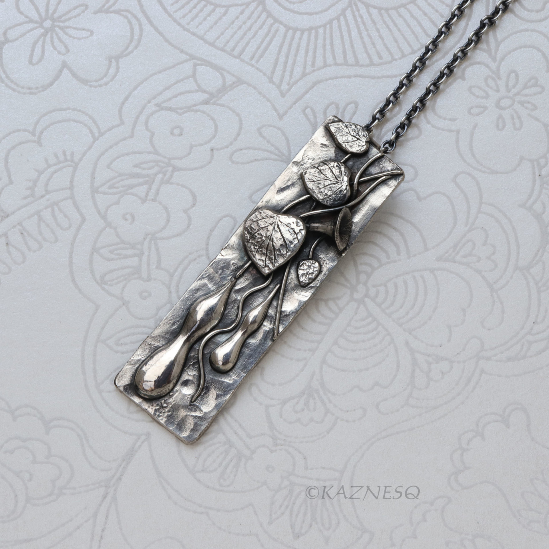 True Charm of Silver Pendant! Art Nouveau style Oxidized Silver Gourd motif Rectangle Pendant Necklace