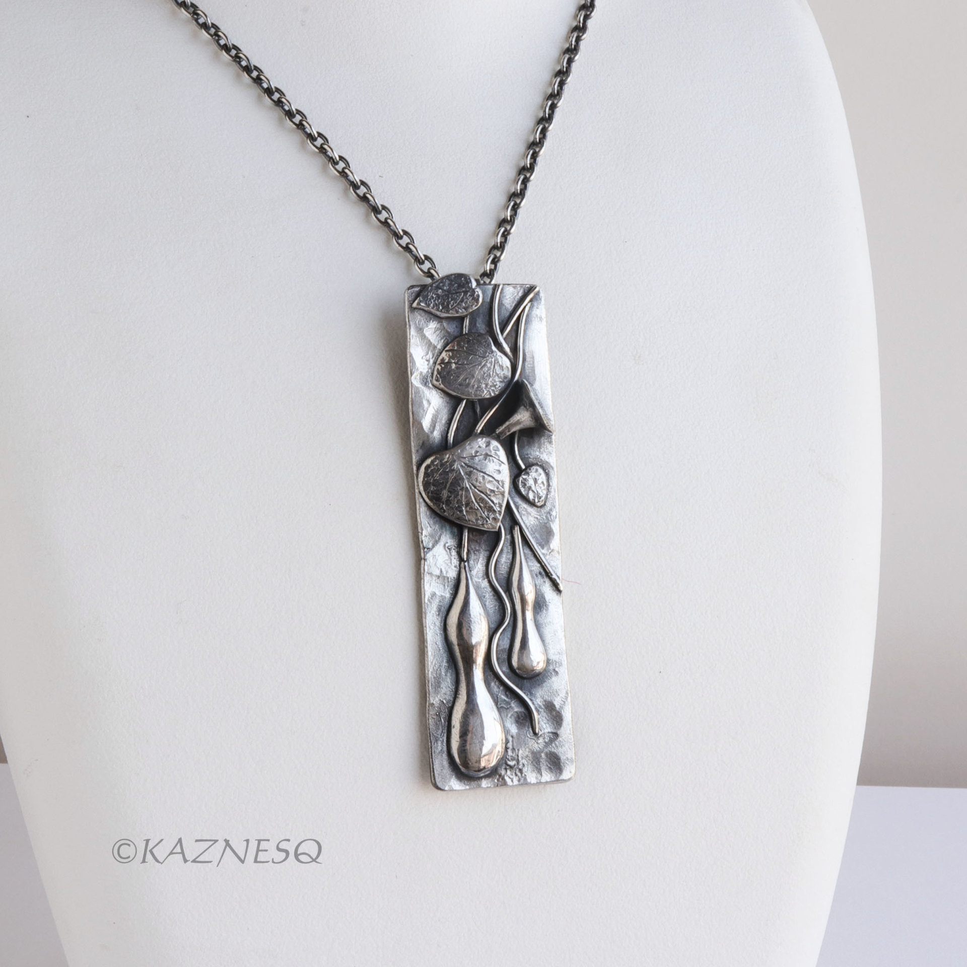 True Charm of Silver Pendant! Art Nouveau style Oxidized Silver Gourd motif Rectangle Pendant Necklace