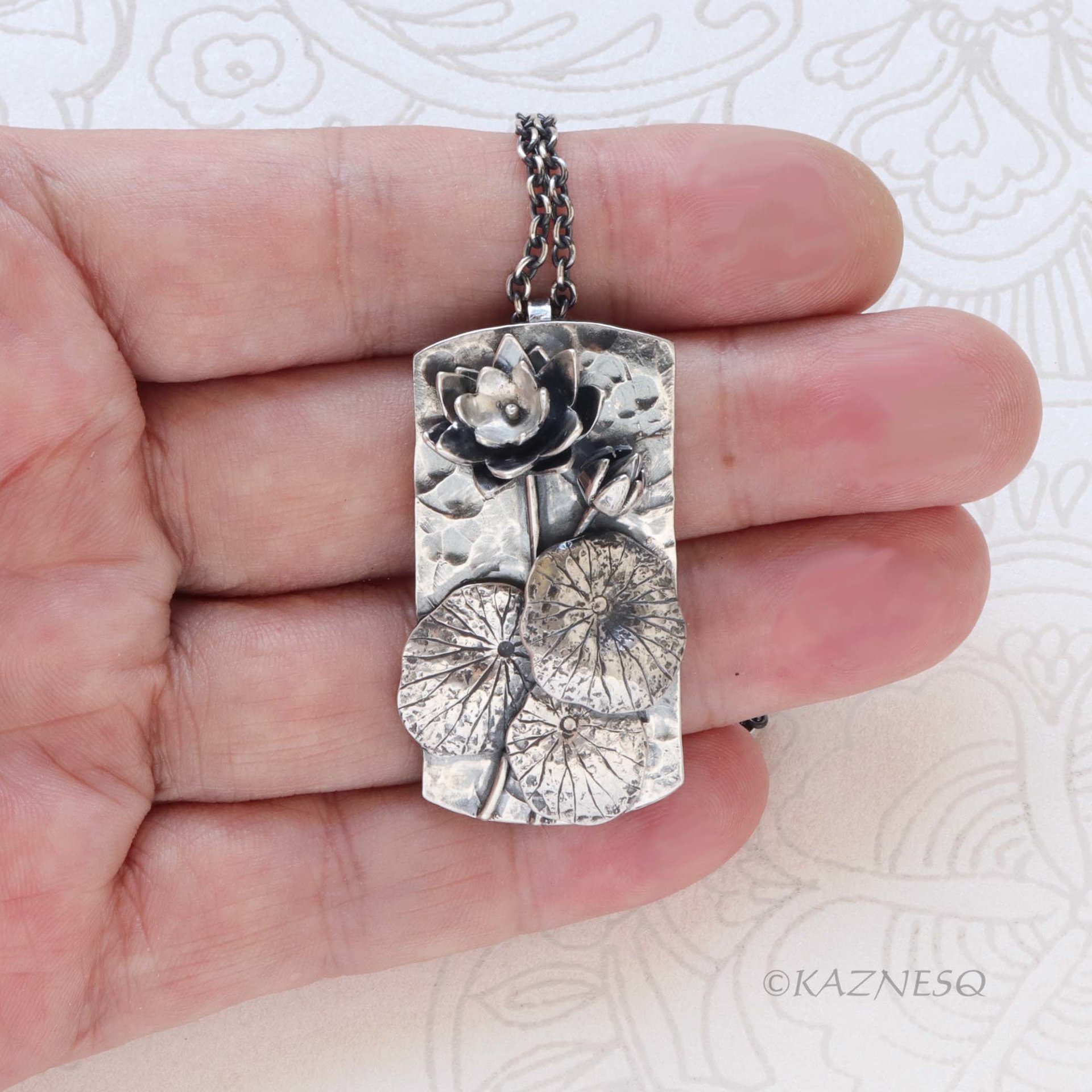 For Your Artistic Life! : Lotus motif Textured Oxidized Silver Unisex Pendant