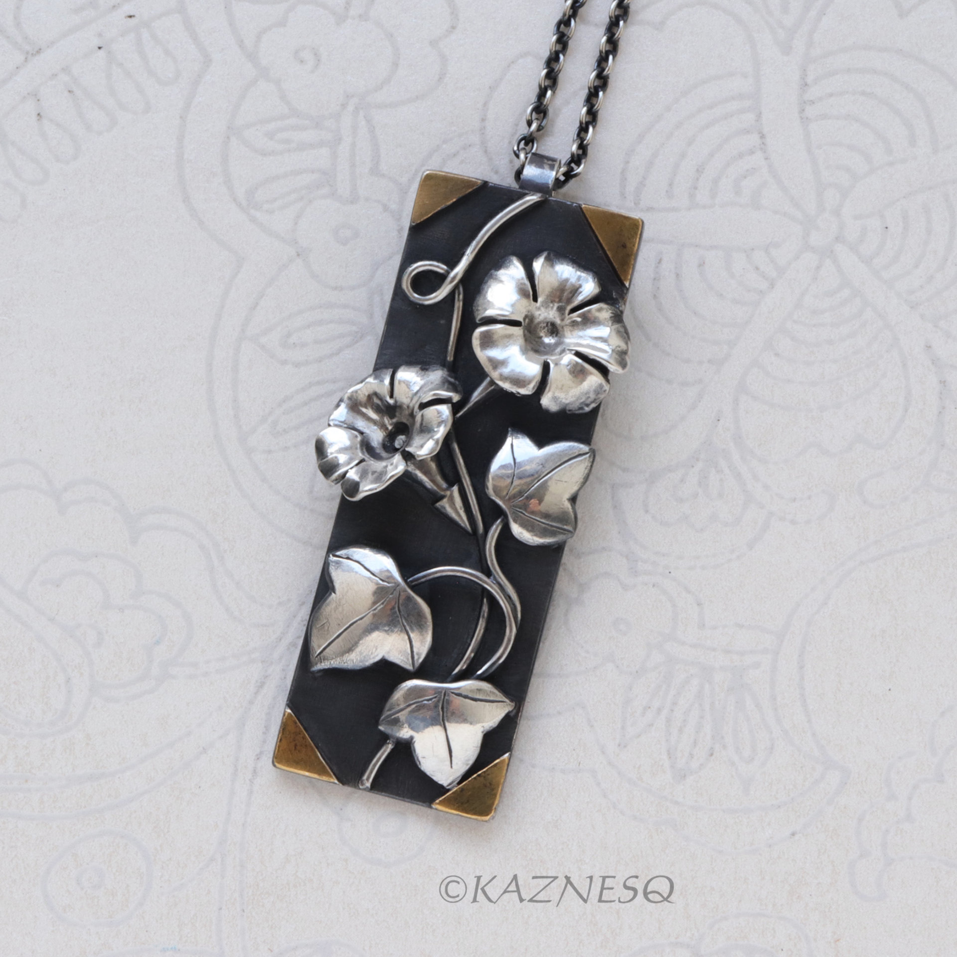 Morning glory Rectangle Art Pendant of Oxidized Silver and Fine Gold Foil