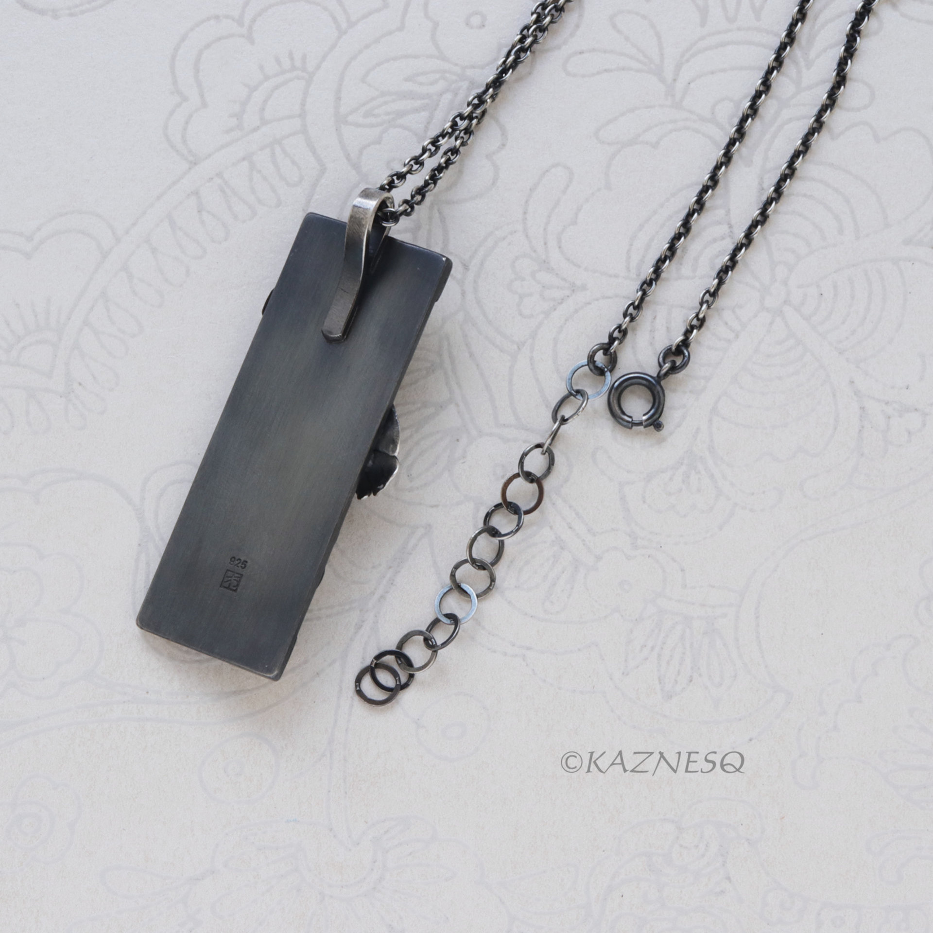 Morning glory Rectangle Art Pendant of Oxidized Silver and Fine Gold Foil