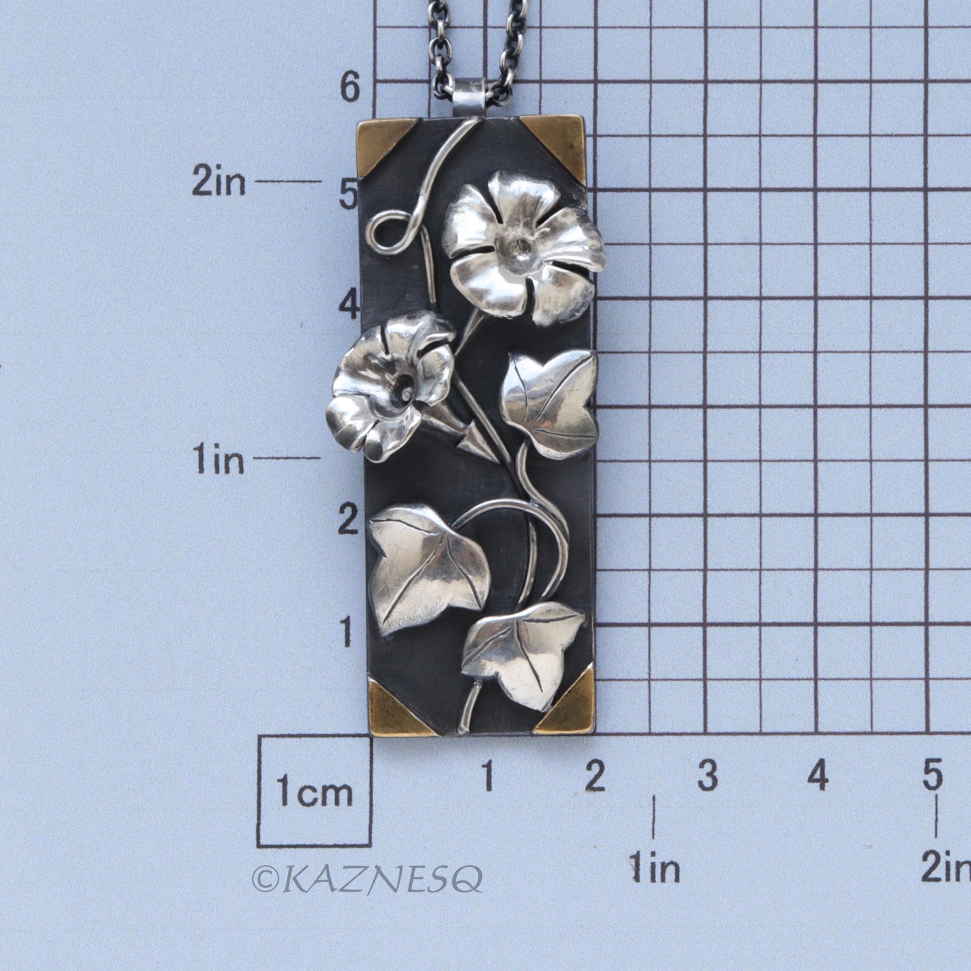 Morning glory Rectangle Art Pendant of Oxidized Silver and Fine Gold Foil