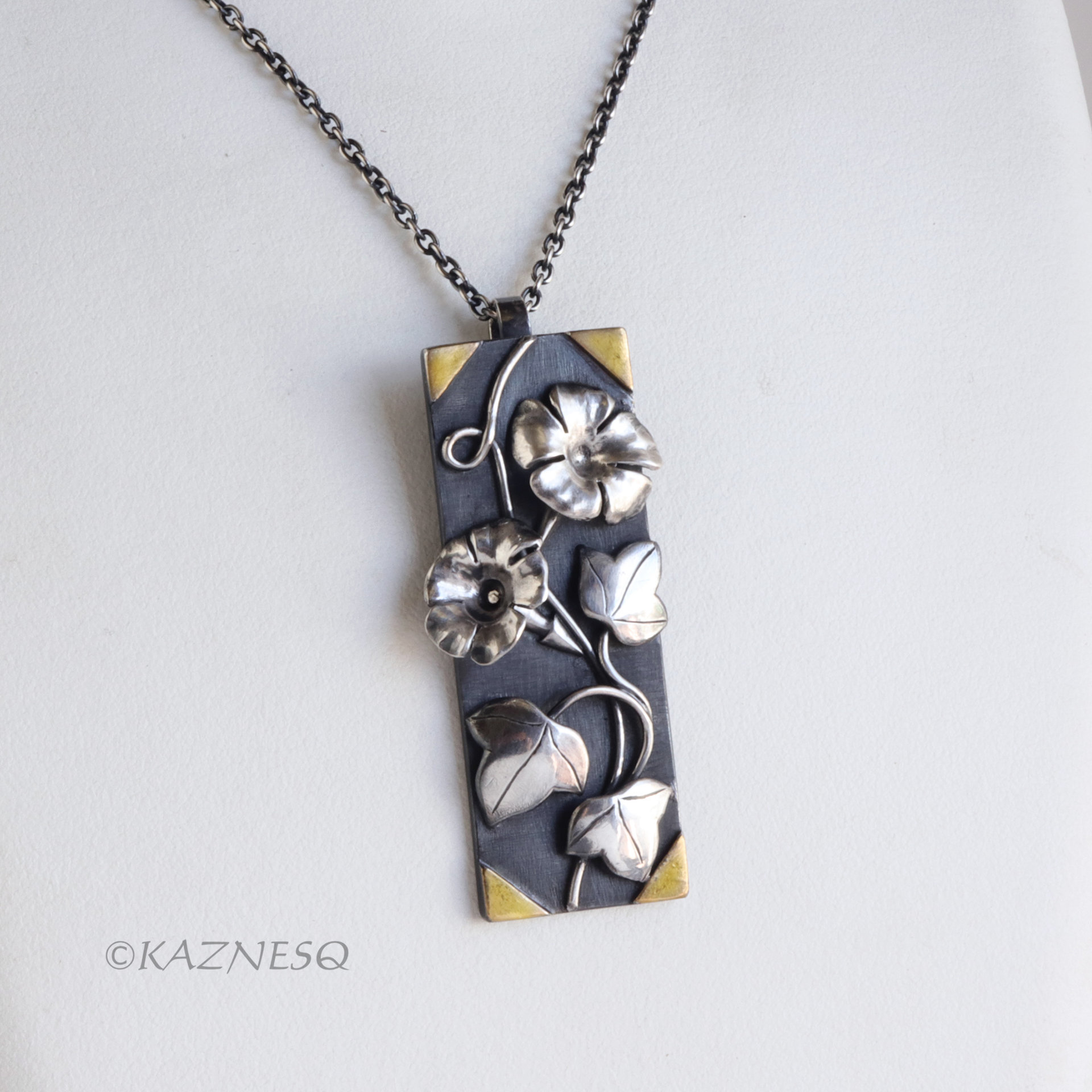 Morning glory Rectangle Art Pendant of Oxidized Silver and Fine Gold Foil