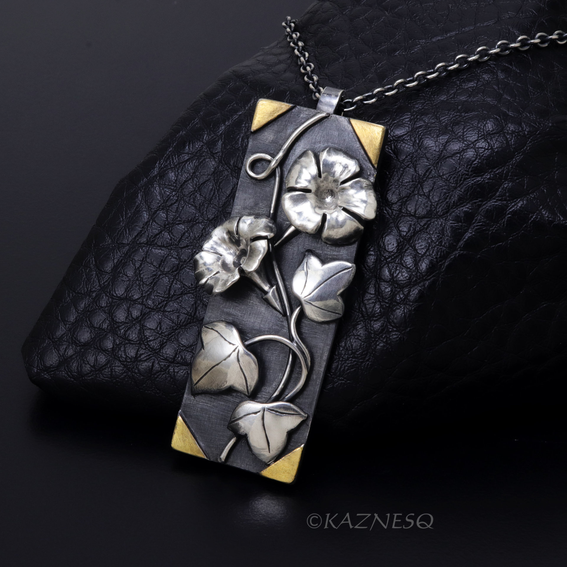 Morning glory Rectangle Art Pendant of Oxidized Silver and Fine Gold Foil