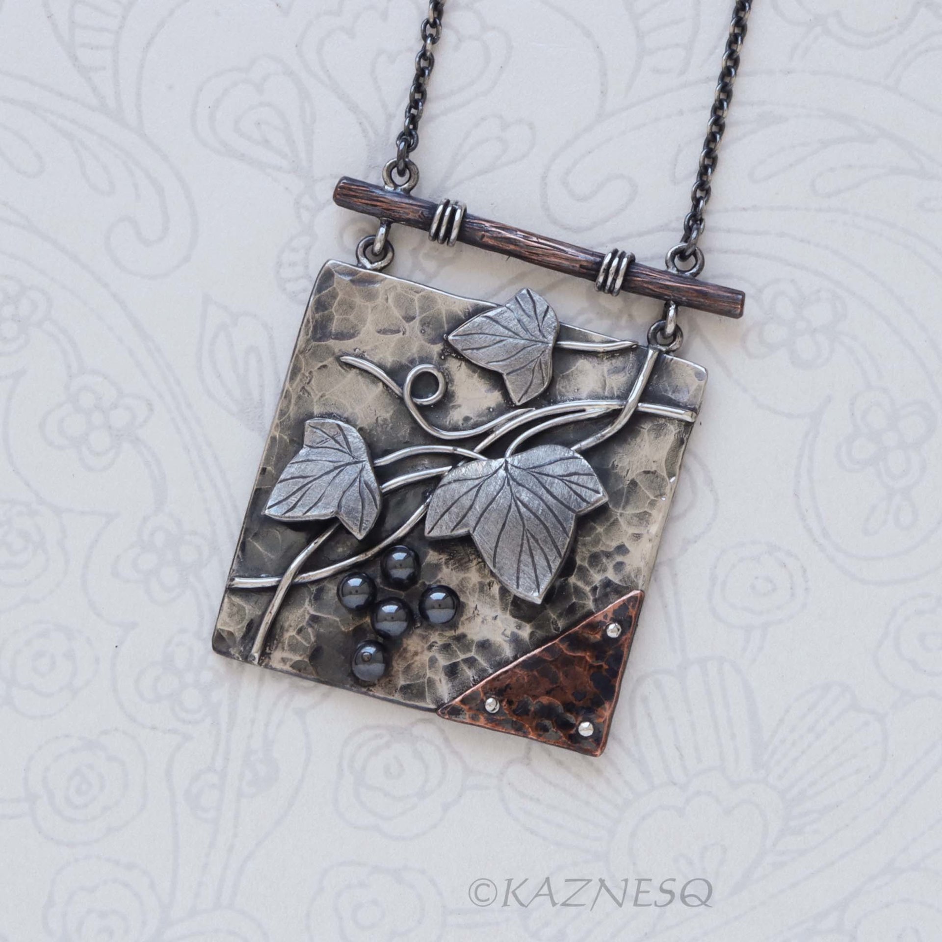 Dance of the leaves! Nature Inspired Oxidized Silver Copper Hematite beads Wild Grape Textured Necklace