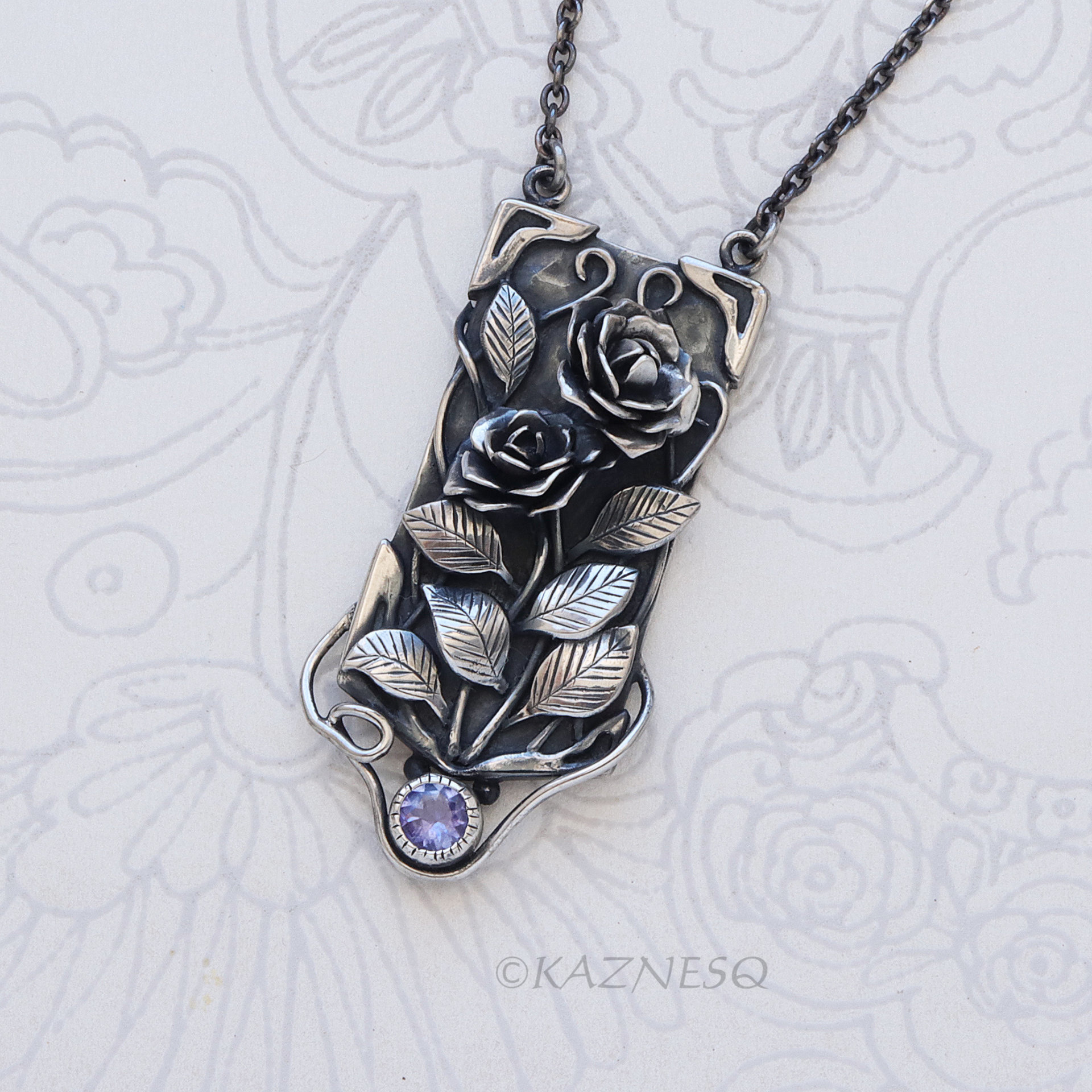 Detailed Beauty of the Wild Rose, Oxidized Silver Tanzanite Pendant Necklace