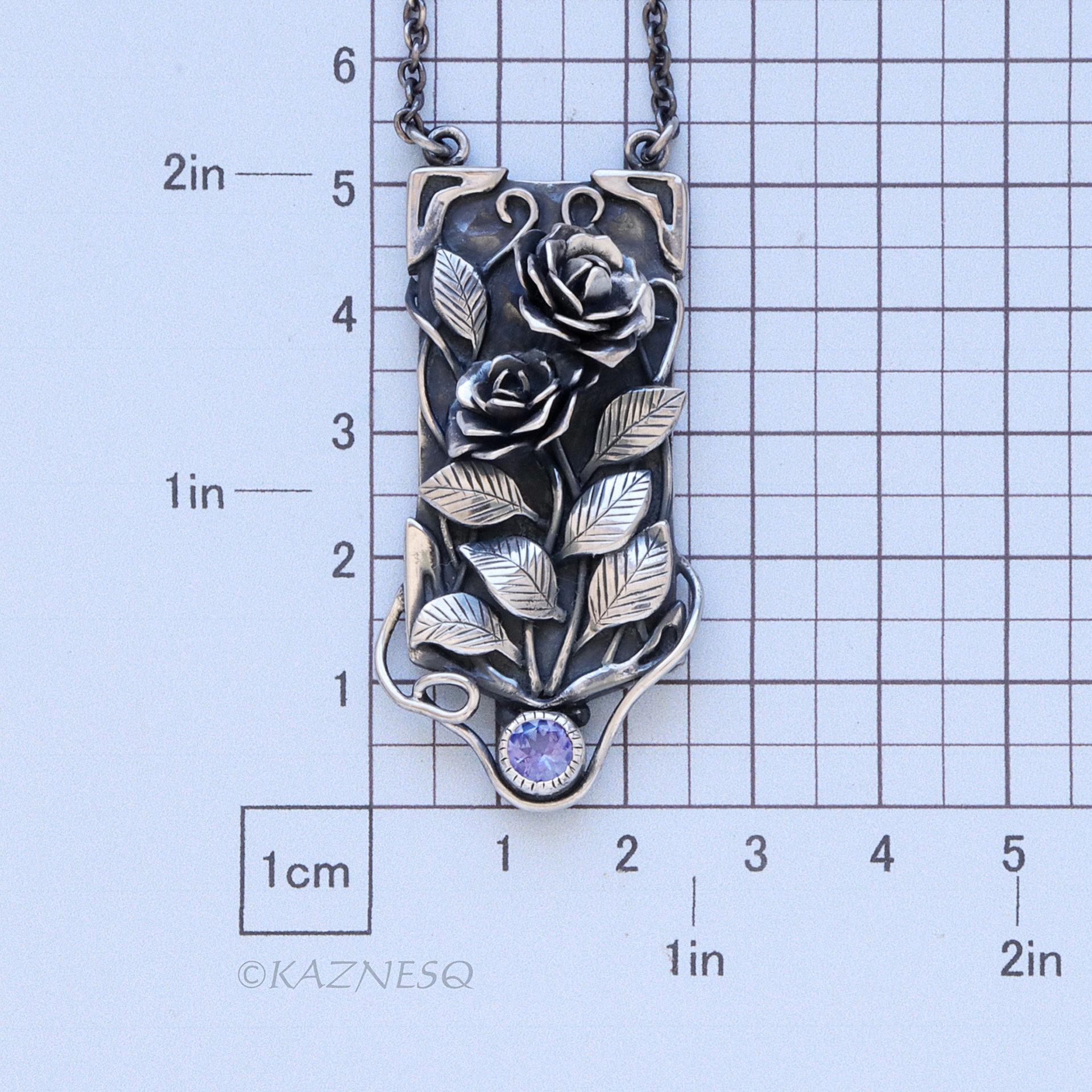 Detailed Beauty of the Wild Rose, Oxidized Silver Tanzanite Pendant Necklace