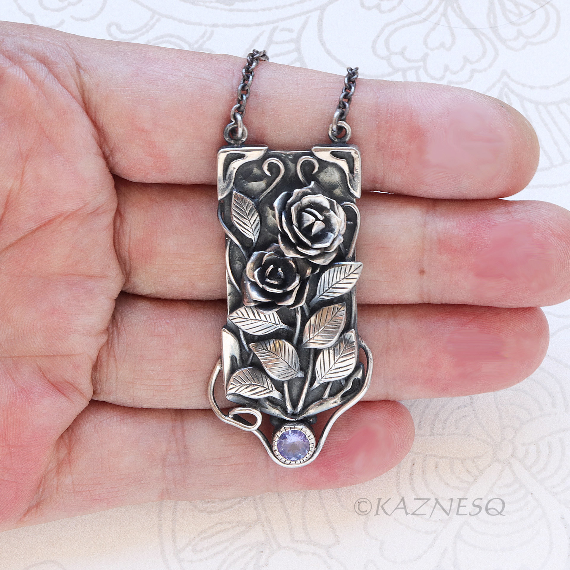 Detailed Beauty of the Wild Rose, Oxidized Silver Tanzanite Pendant Necklace