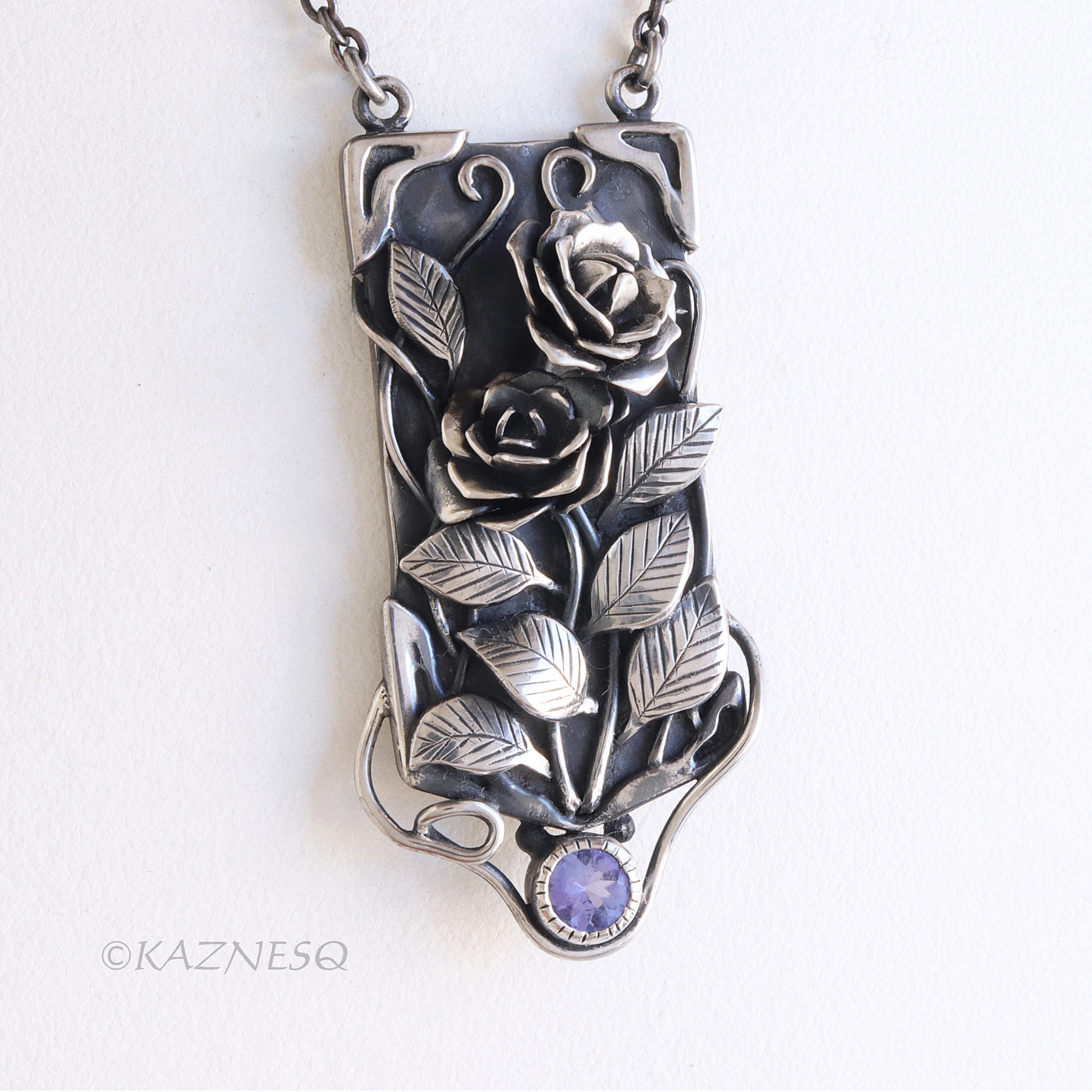 Detailed Beauty of the Wild Rose, Oxidized Silver Tanzanite Pendant Necklace