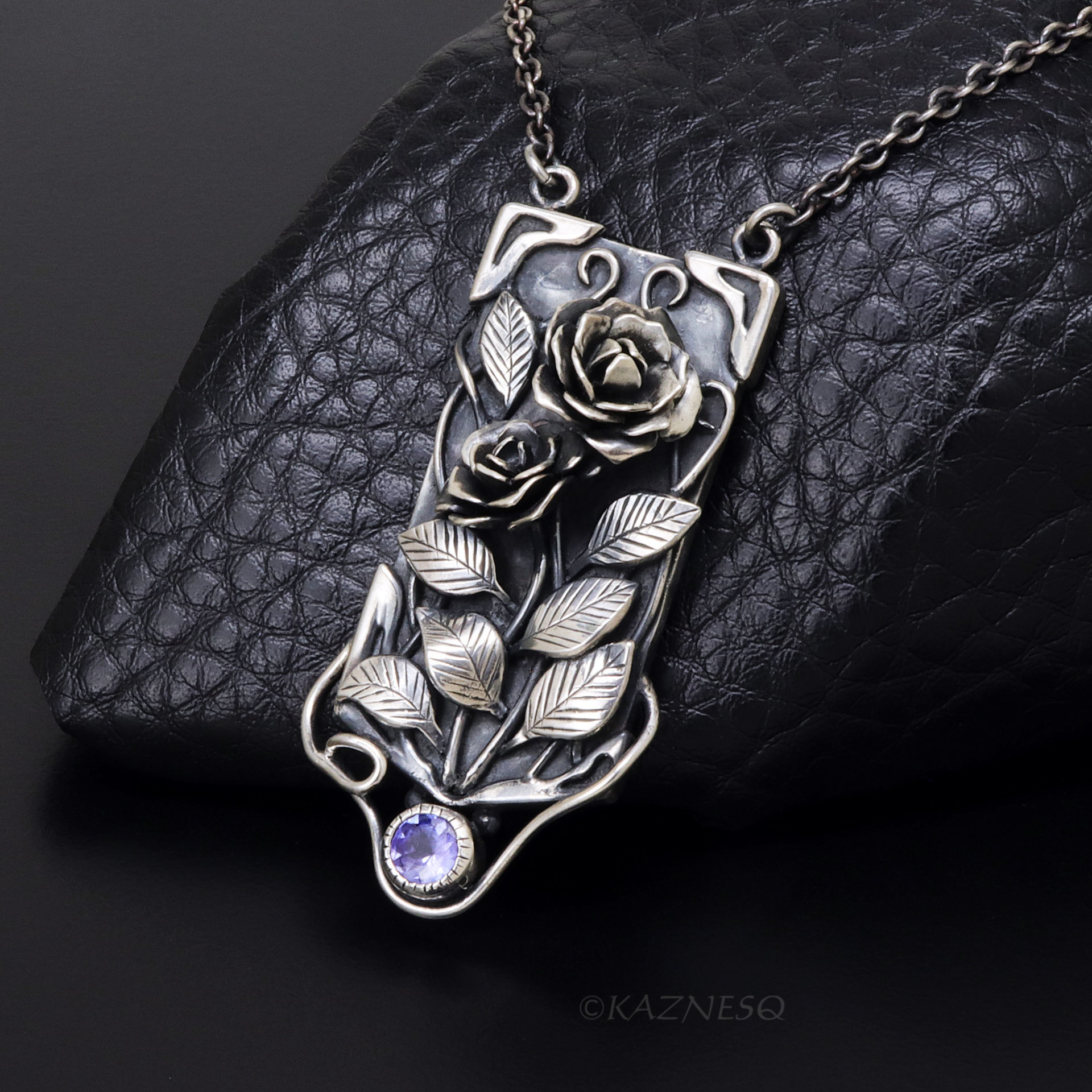 Detailed Beauty of the Wild Rose, Oxidized Silver Tanzanite Pendant Necklace