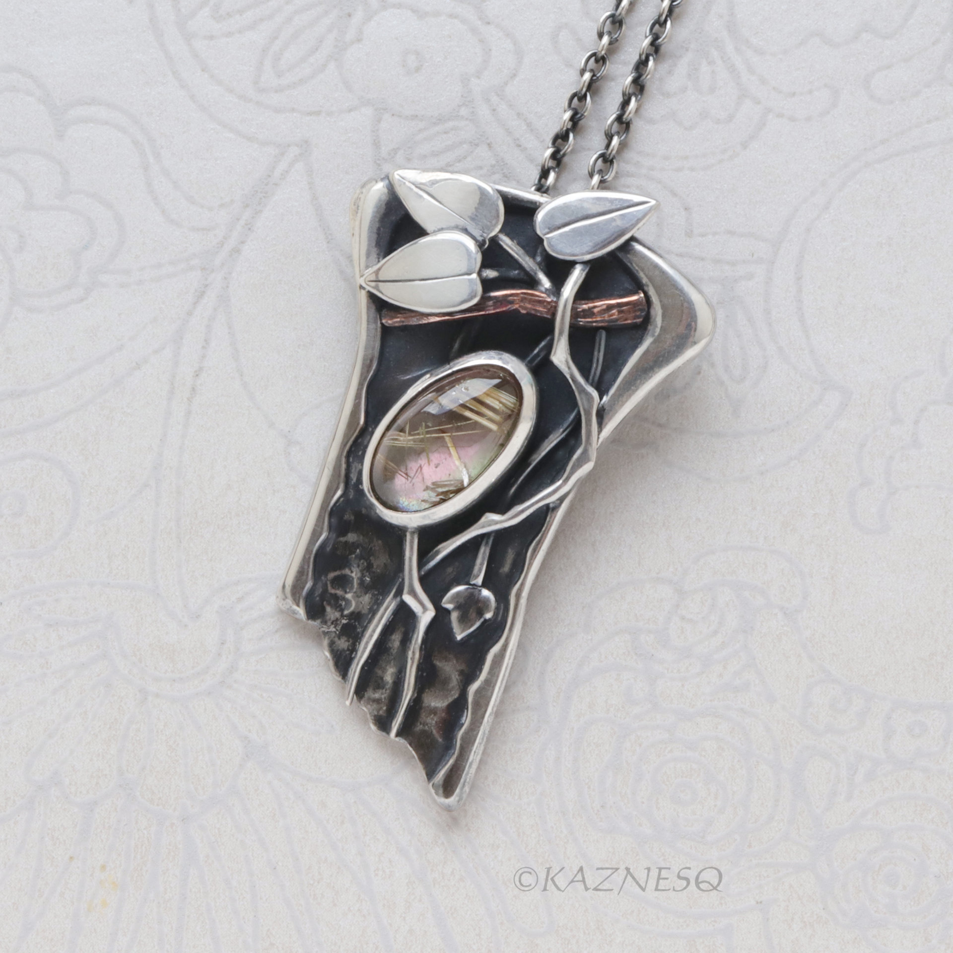Artistic Silver Leaf Pendant, Rutilated Quartz with Mother of Pearl Botanical Design