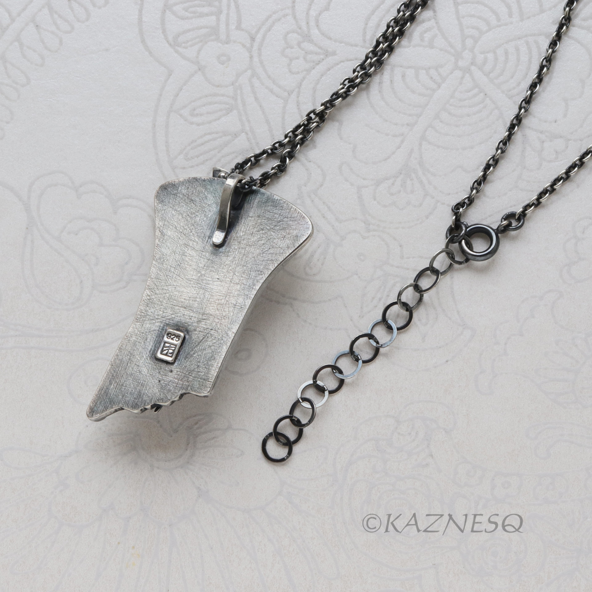 Artistic Silver Leaf Pendant, Rutilated Quartz with Mother of Pearl Botanical Design