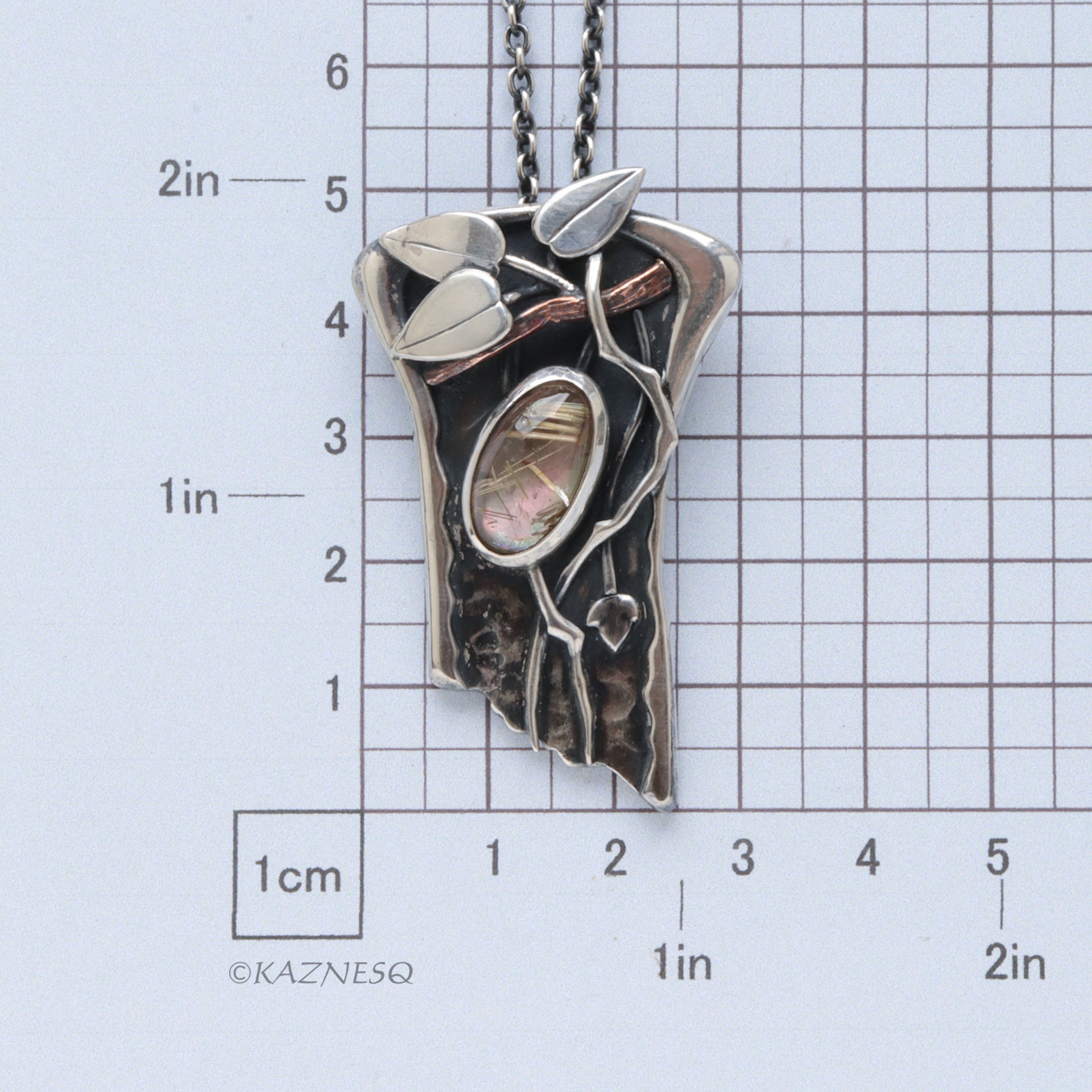 Artistic Silver Leaf Pendant, Rutilated Quartz with Mother of Pearl Botanical Design