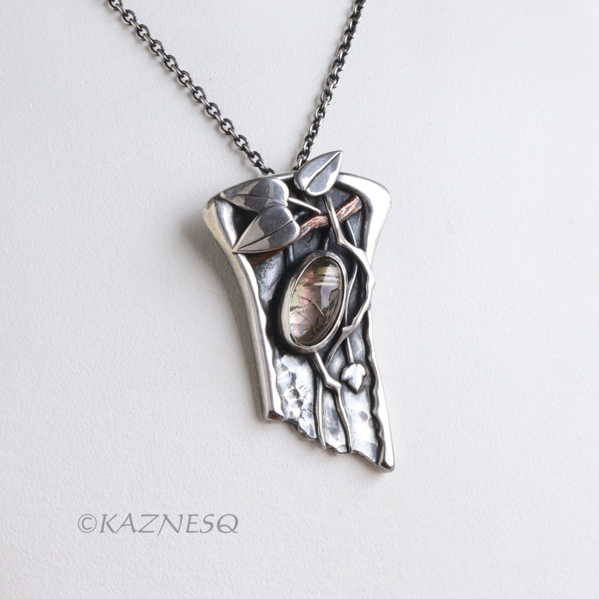 Artistic Silver Leaf Pendant, Rutilated Quartz with Mother of Pearl Botanical Design