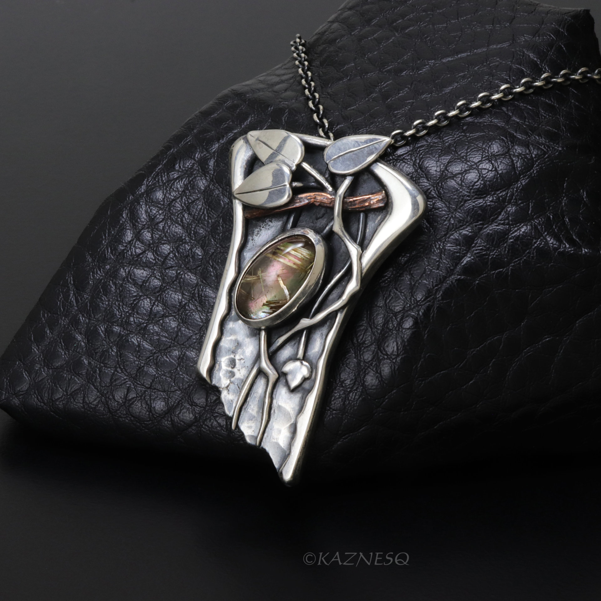 Artistic Silver Leaf Pendant, Rutilated Quartz with Mother of Pearl Botanical Design