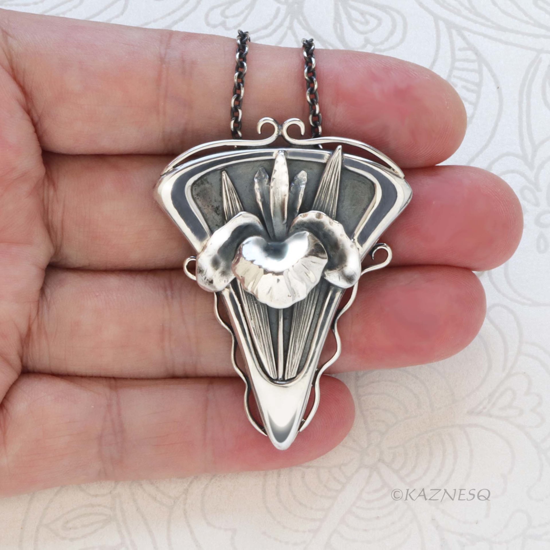 Handcrafted Sterling Silver Iris Pendant - Sculptural Botanical Art Necklace