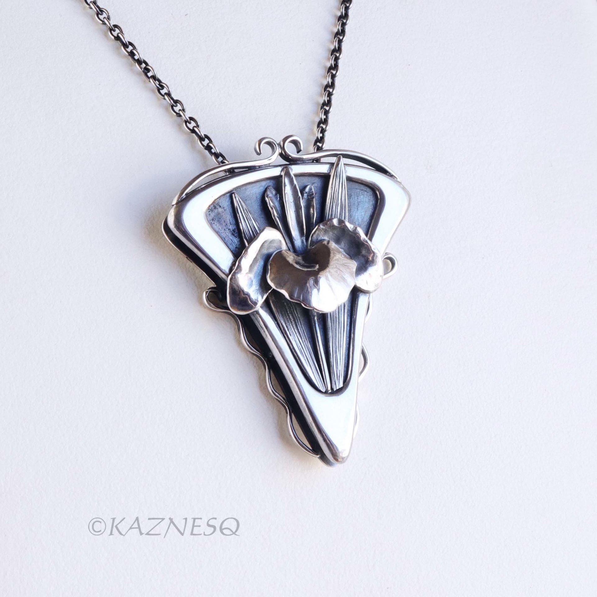 Handcrafted Sterling Silver Iris Pendant - Sculptural Botanical Art Necklace