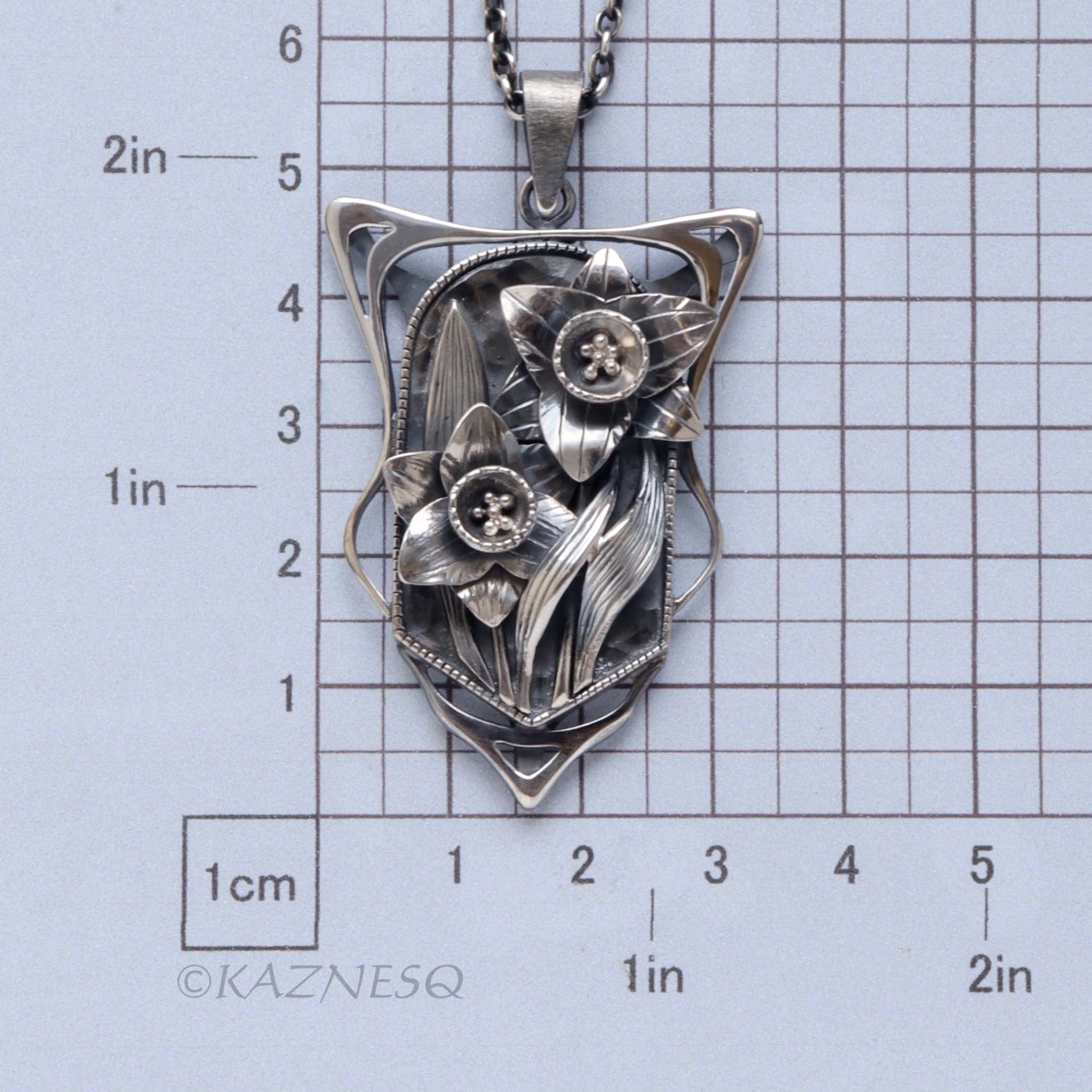 Botanical Statement Necklace - Art Nouveau Style Oxidized Silver Narcissus Pendant