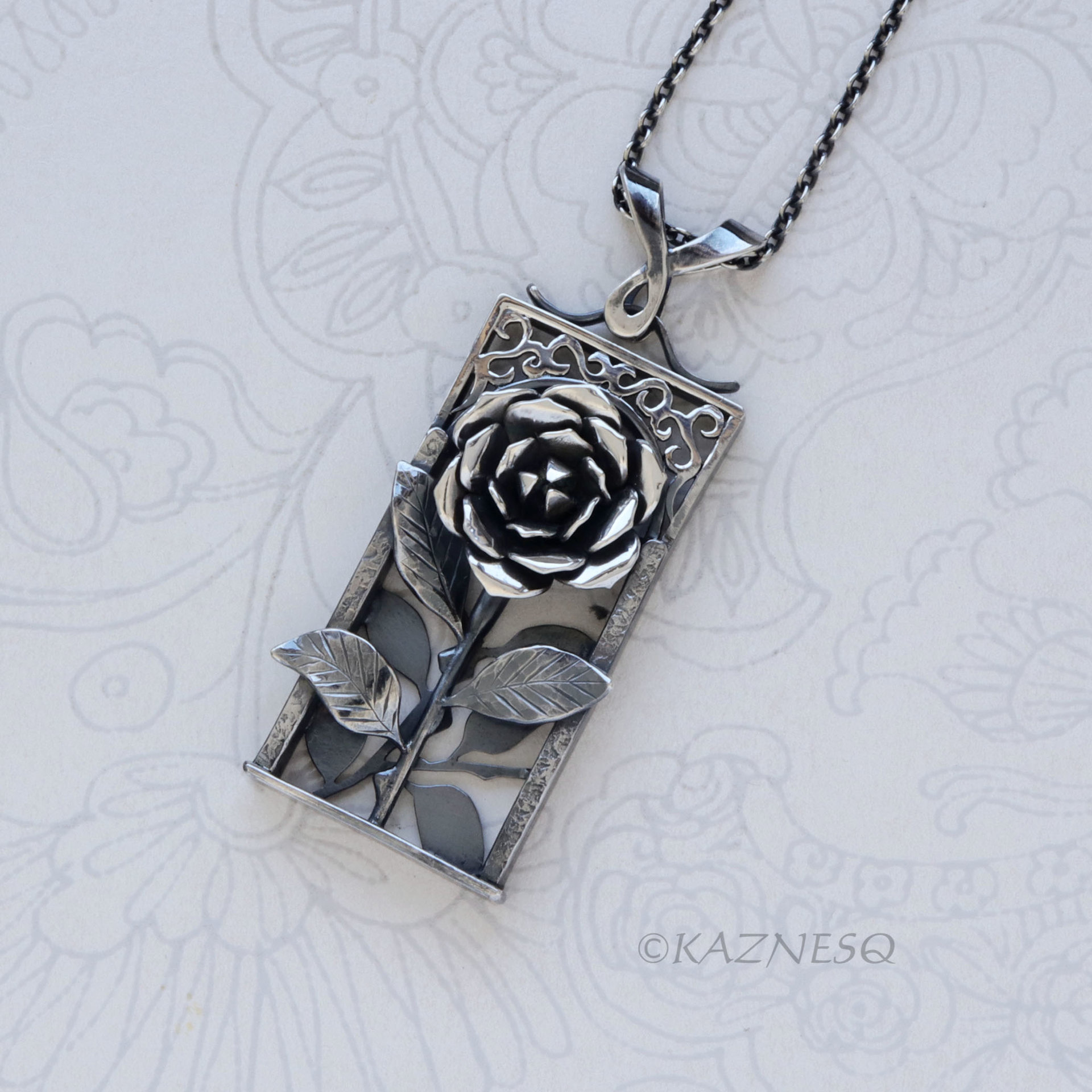Sculptural Oxidized Silver Rose Pendant -  Rectangular Frame Statement Necklace