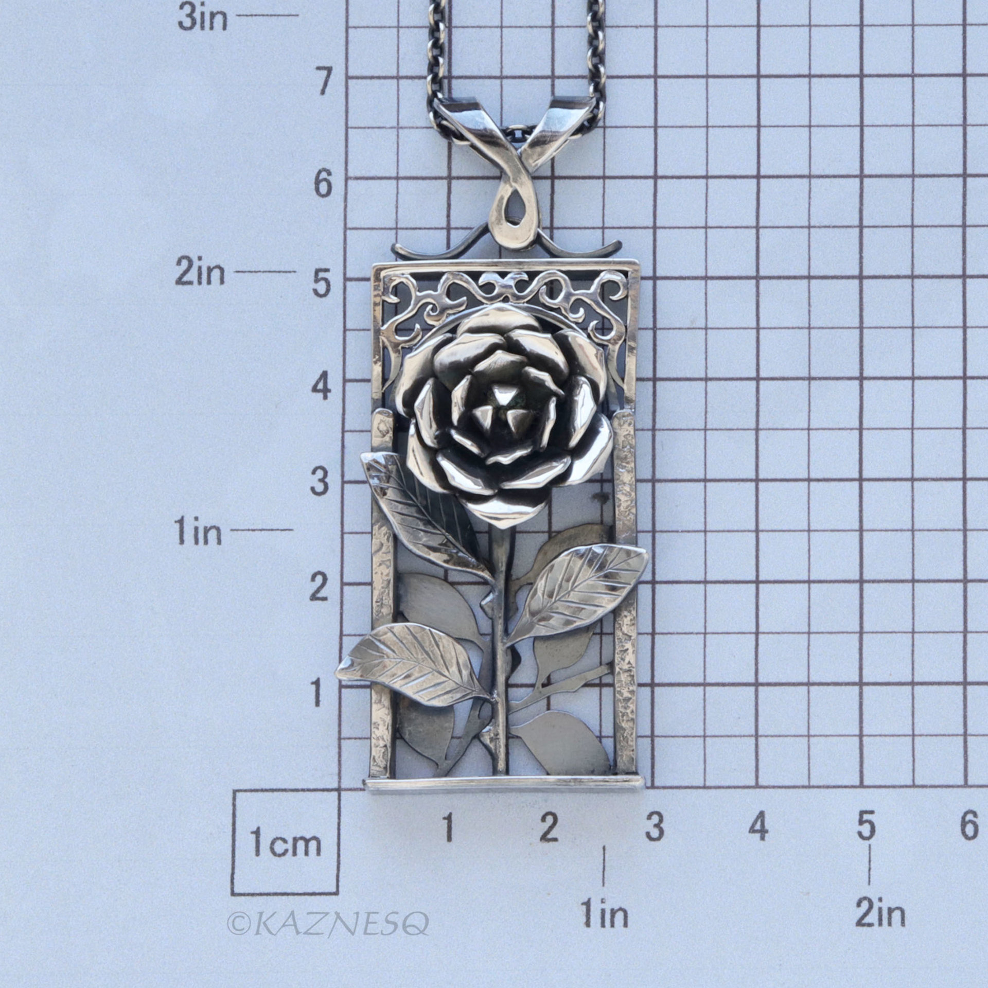Sculptural Oxidized Silver Rose Pendant -  Rectangular Frame Statement Necklace