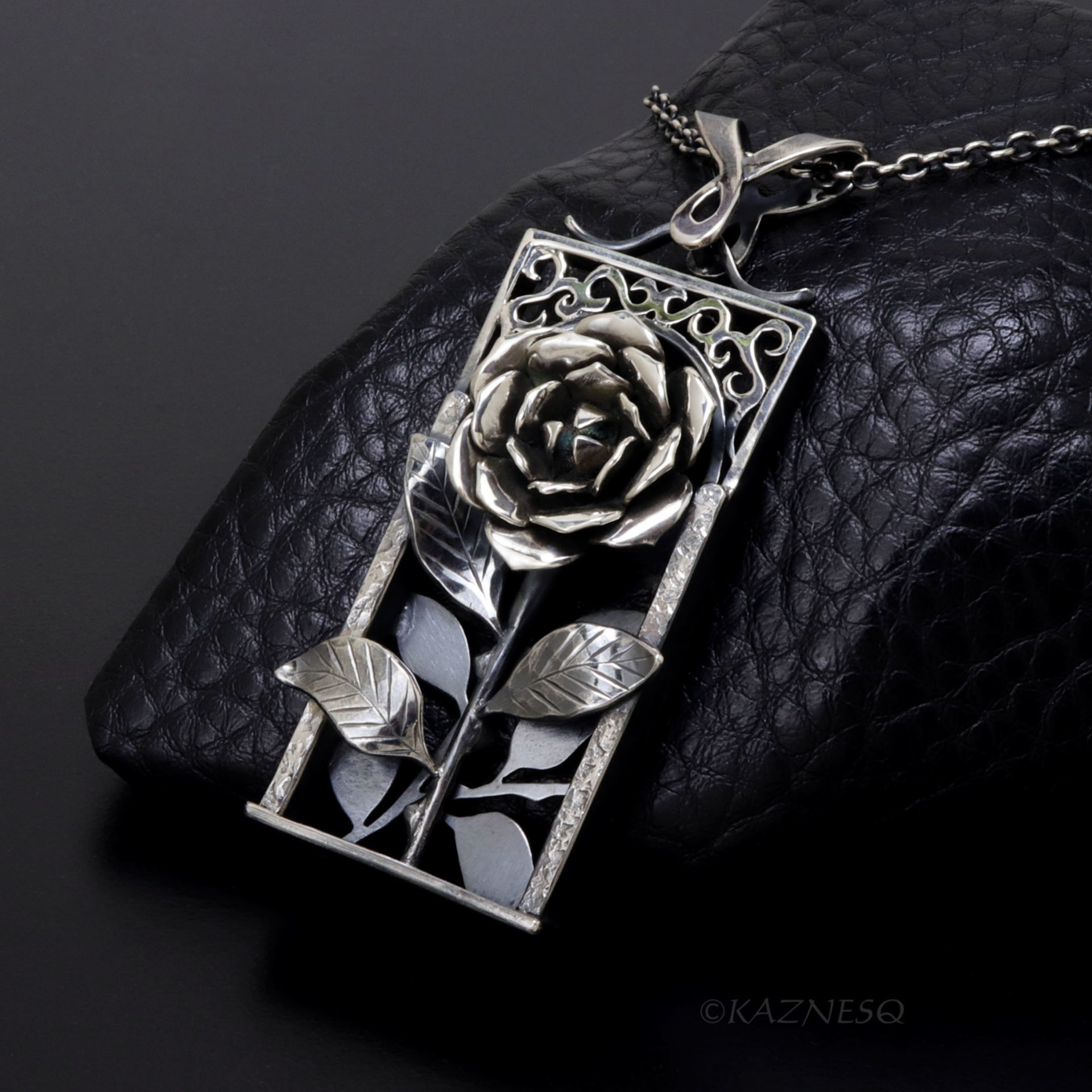 Sculptural Oxidized Silver Rose Pendant -  Rectangular Frame Statement Necklace