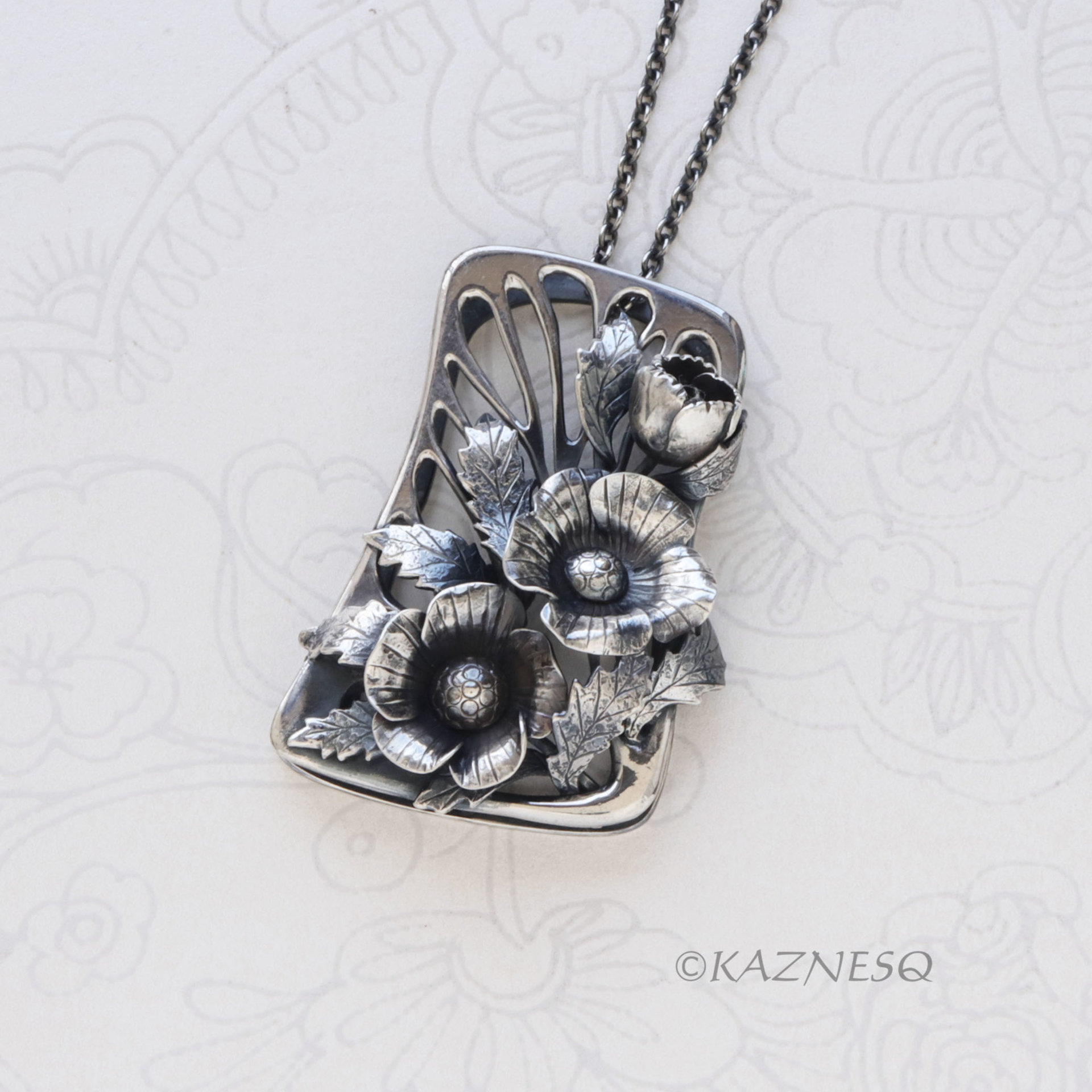 Art Nouveau Oxidized Silver Poppy Necklace - Hand-Fabricated Botanical Statement Pendant