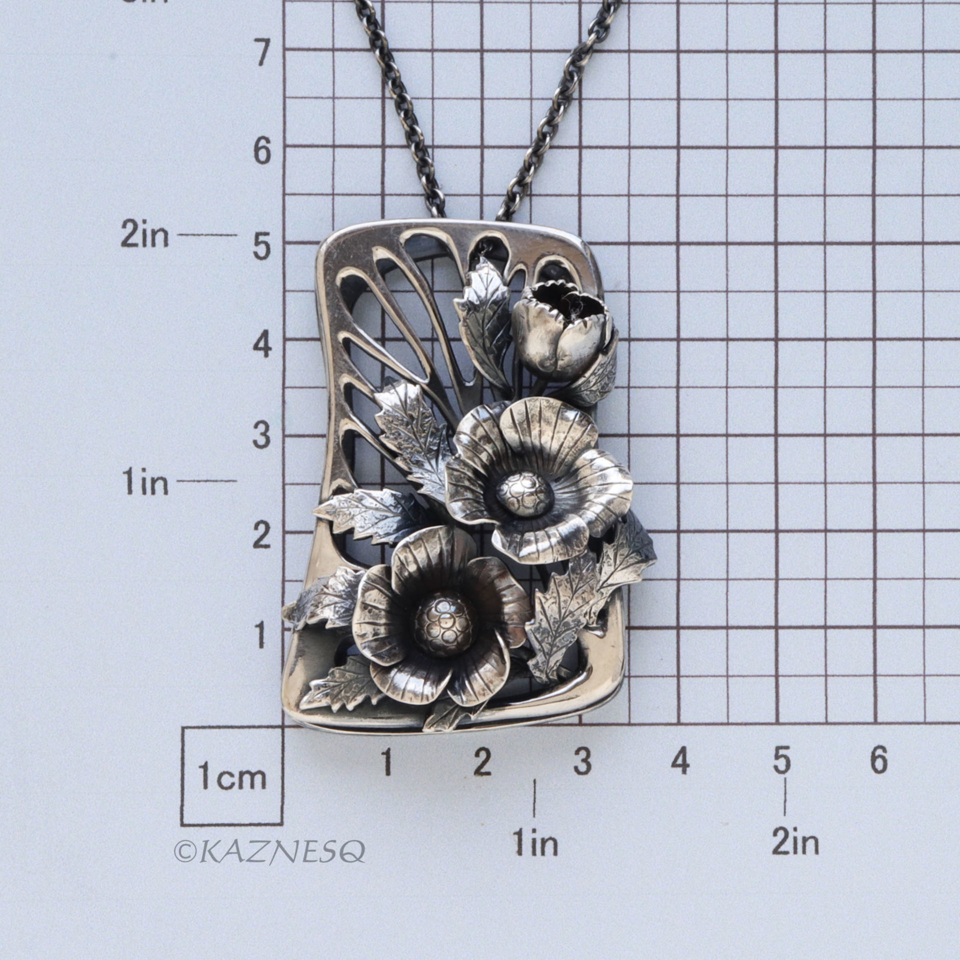 Art Nouveau Oxidized Silver Poppy Necklace - Hand-Fabricated Botanical Statement Pendant