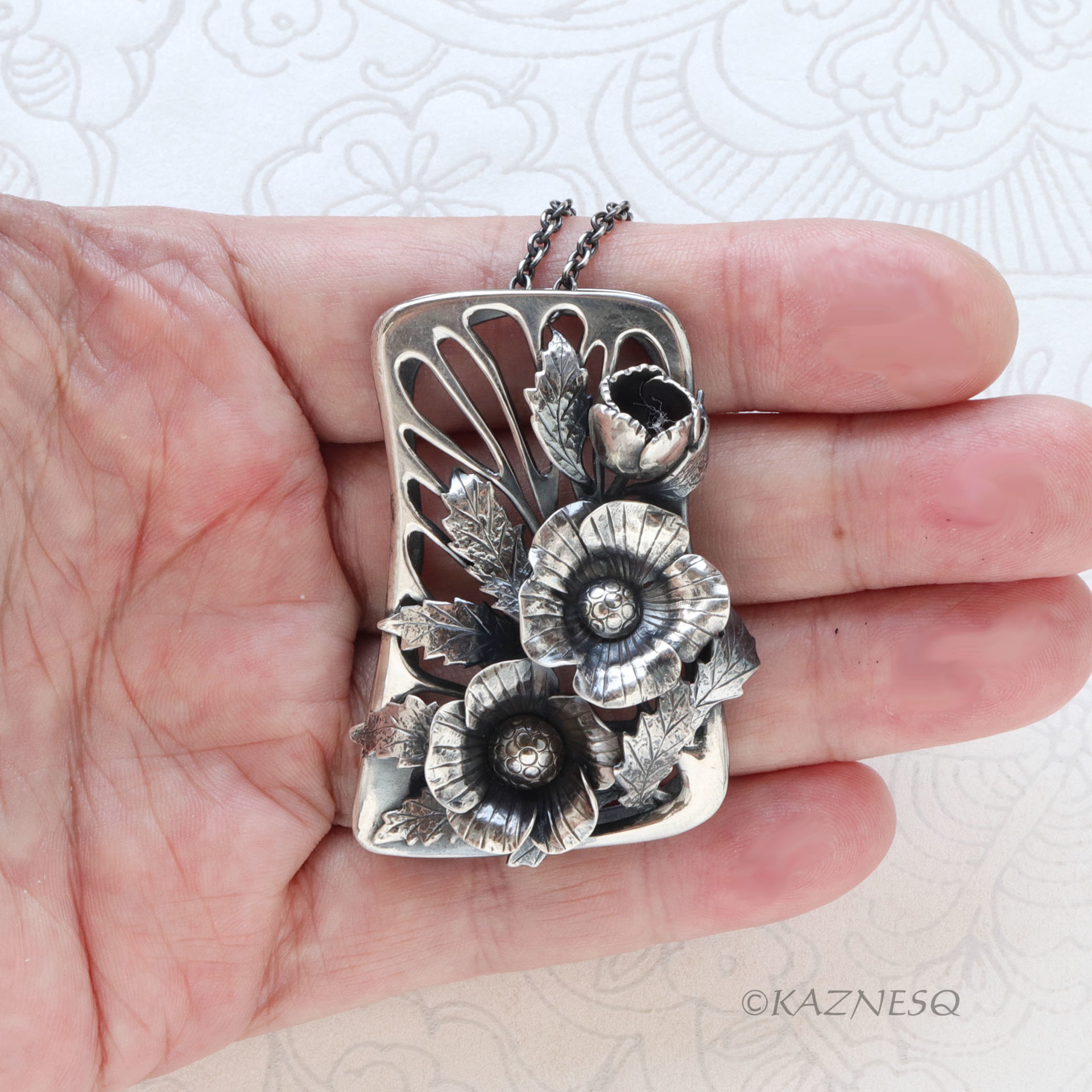 Art Nouveau Oxidized Silver Poppy Necklace - Hand-Fabricated Botanical Statement Pendant